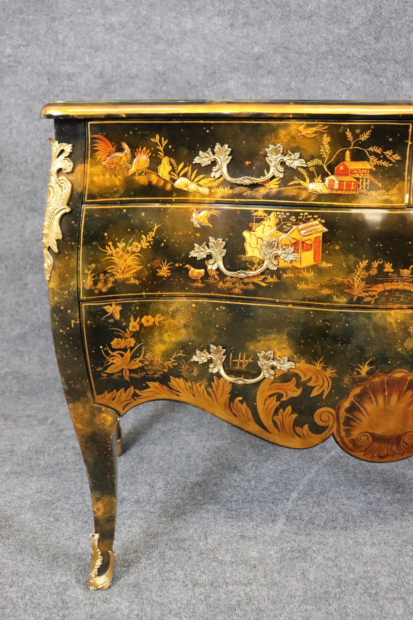 Maitland Smith Attributed Painted Chinoiserie Bombe Louis XV Style Commode