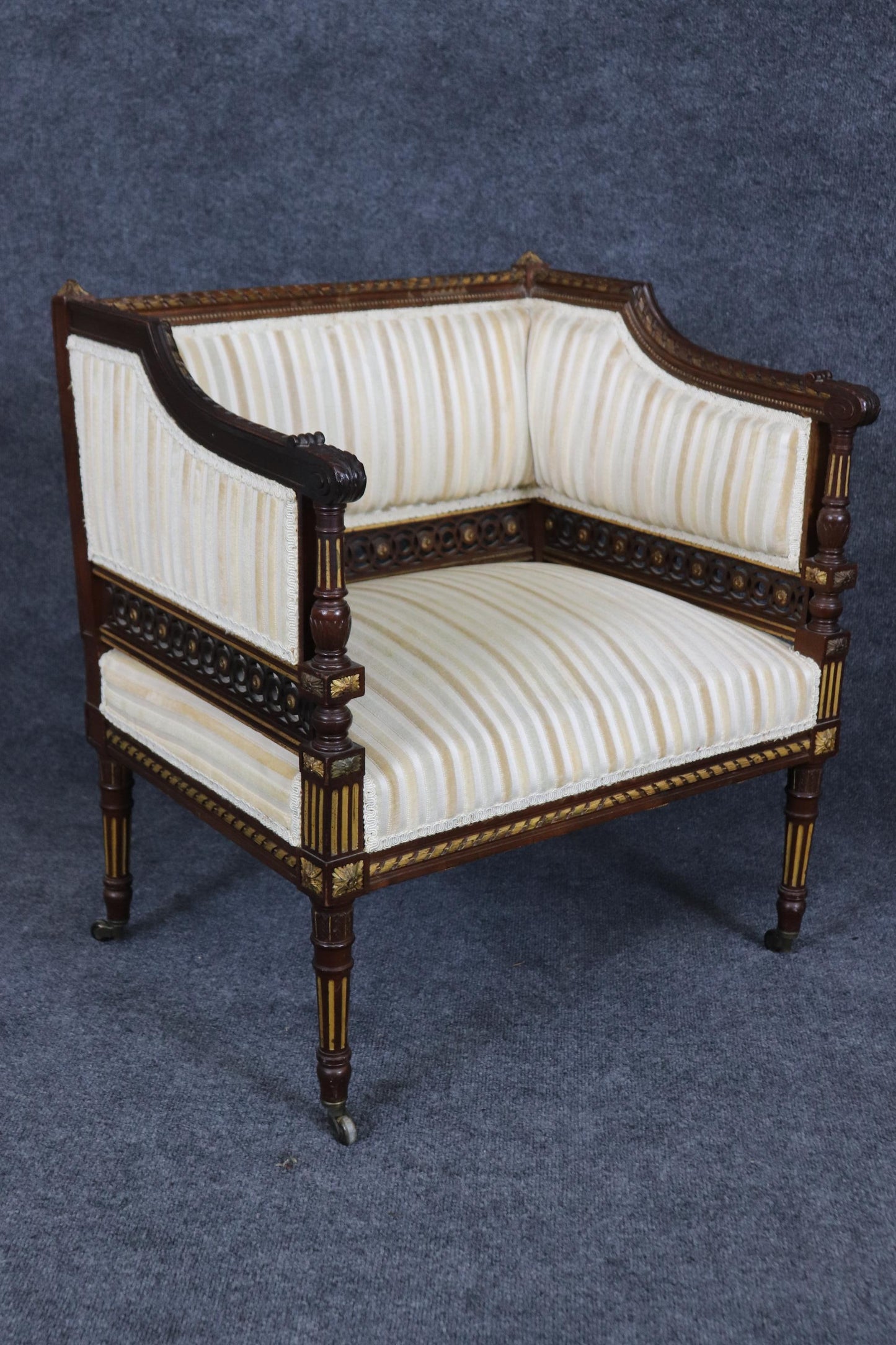 Pair Rare Precisely Carved French Louis XVI Style Gilded Walnut Bergere Chairs