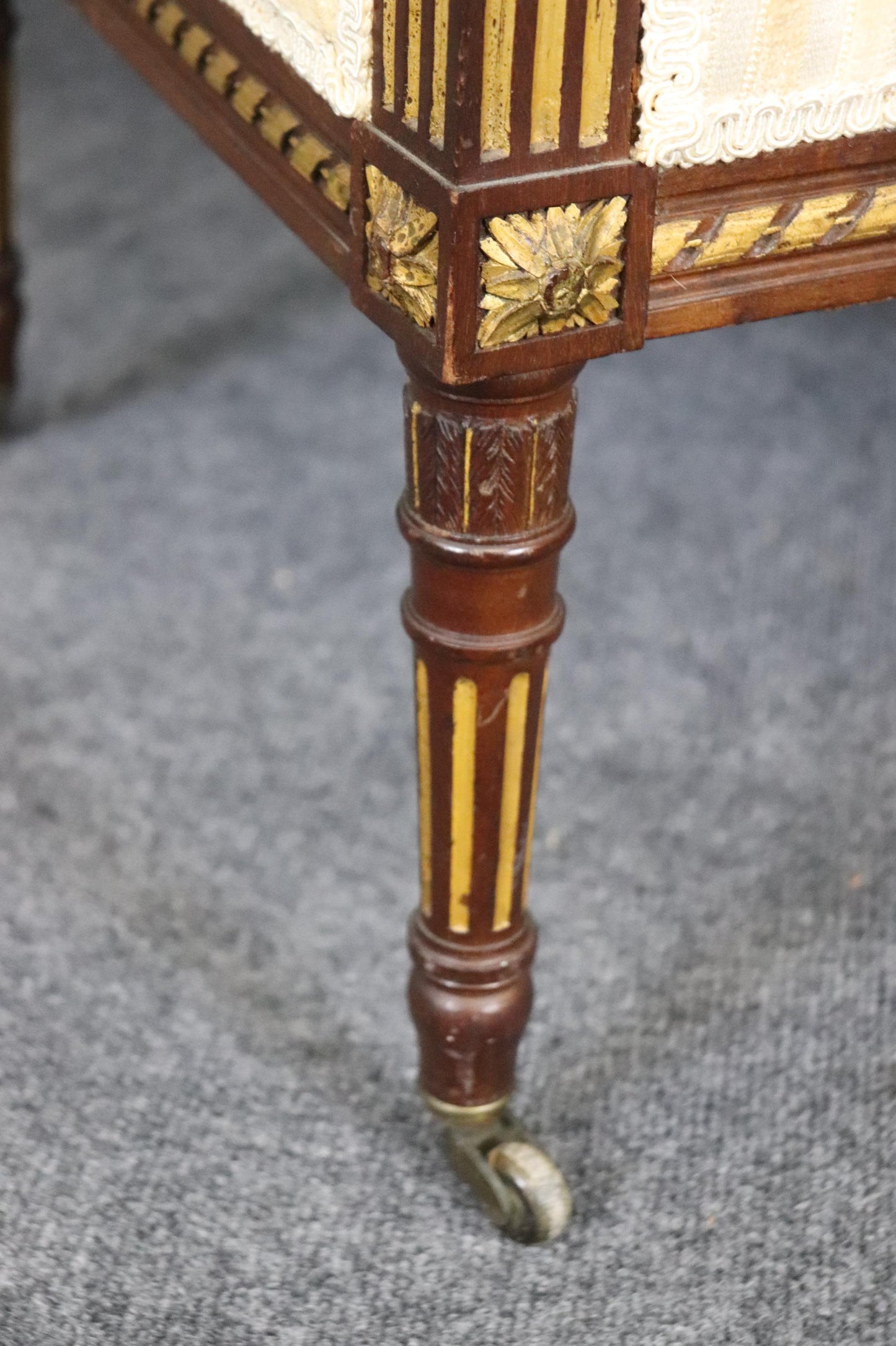 Pair Rare Precisely Carved French Louis XVI Style Gilded Walnut Bergere Chairs