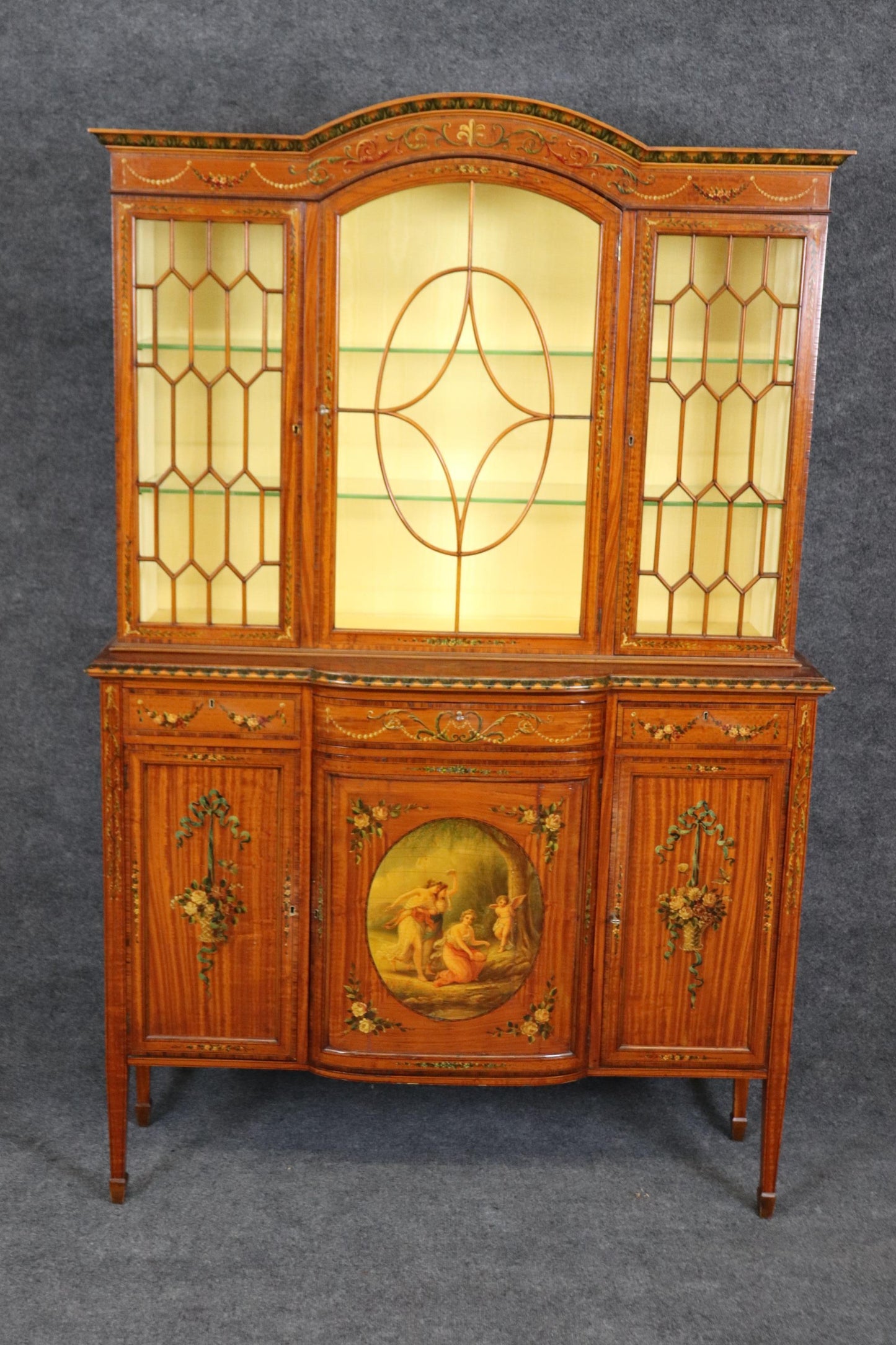 Rare Satinwood Vernis Martin Paint Decorated Adams Style Vitrine China Cabinet