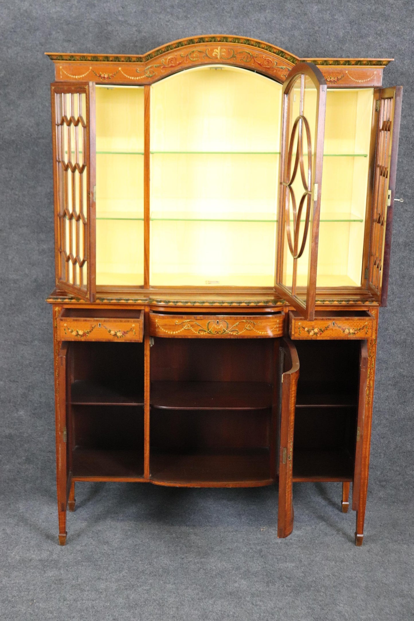 Rare Satinwood Vernis Martin Paint Decorated Adams Style Vitrine China Cabinet