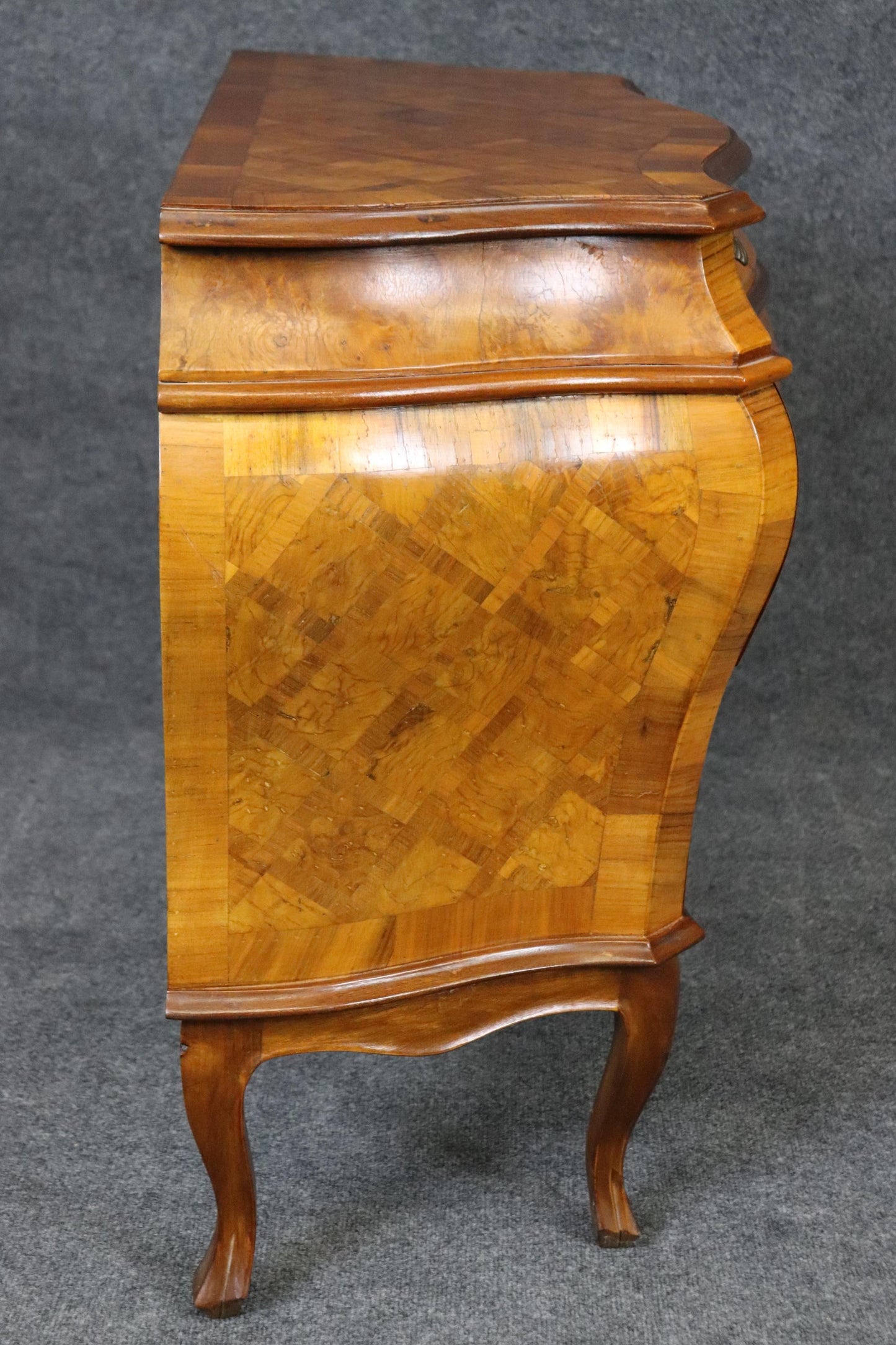 Italian Louis XV Style Inlaid Marquetry Olive Wood Commode Chest of Drawers