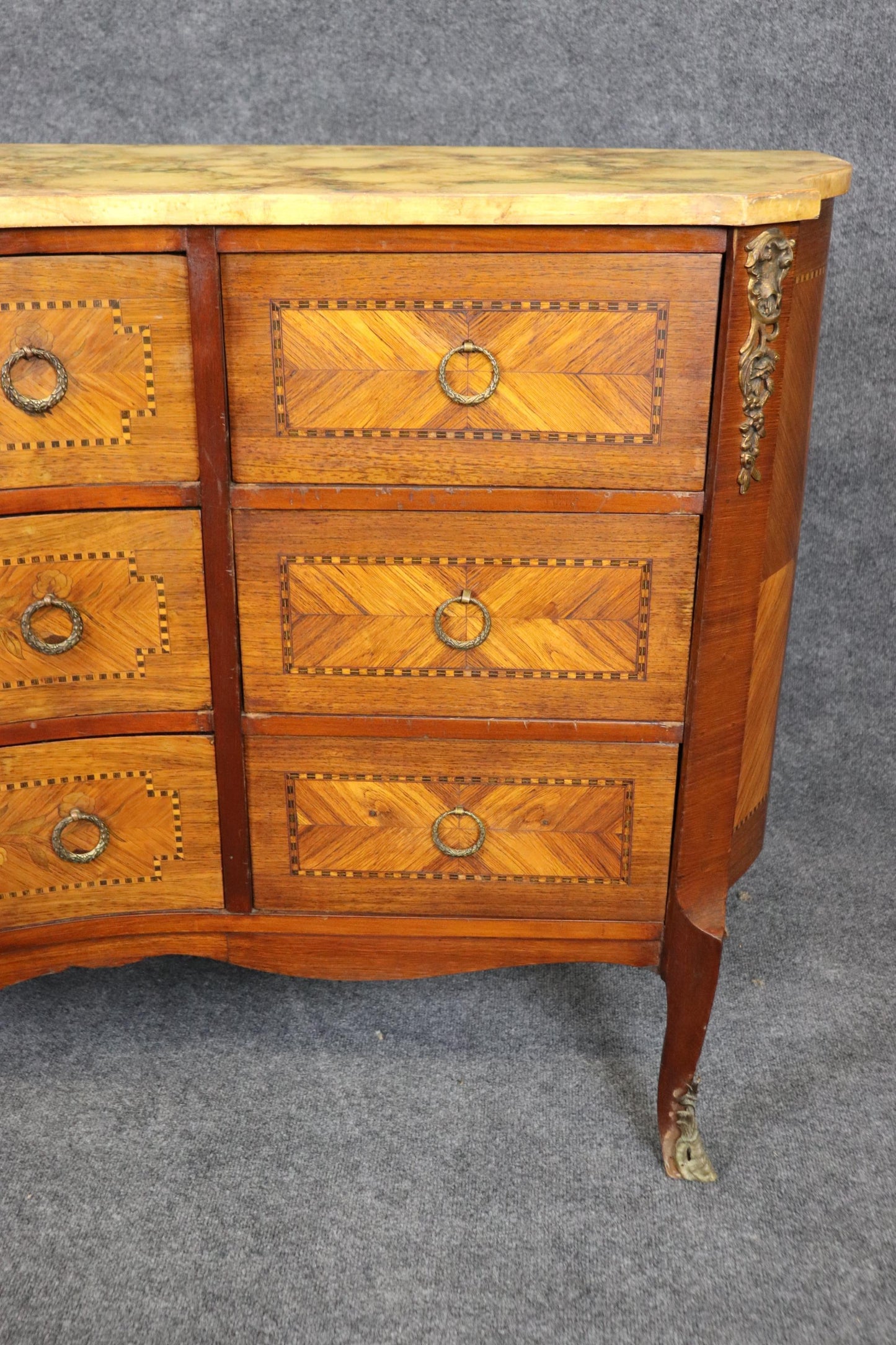 Special Faux Paint Decorated Marble Top Inlaid French Louis XV Wide Dresser 1930