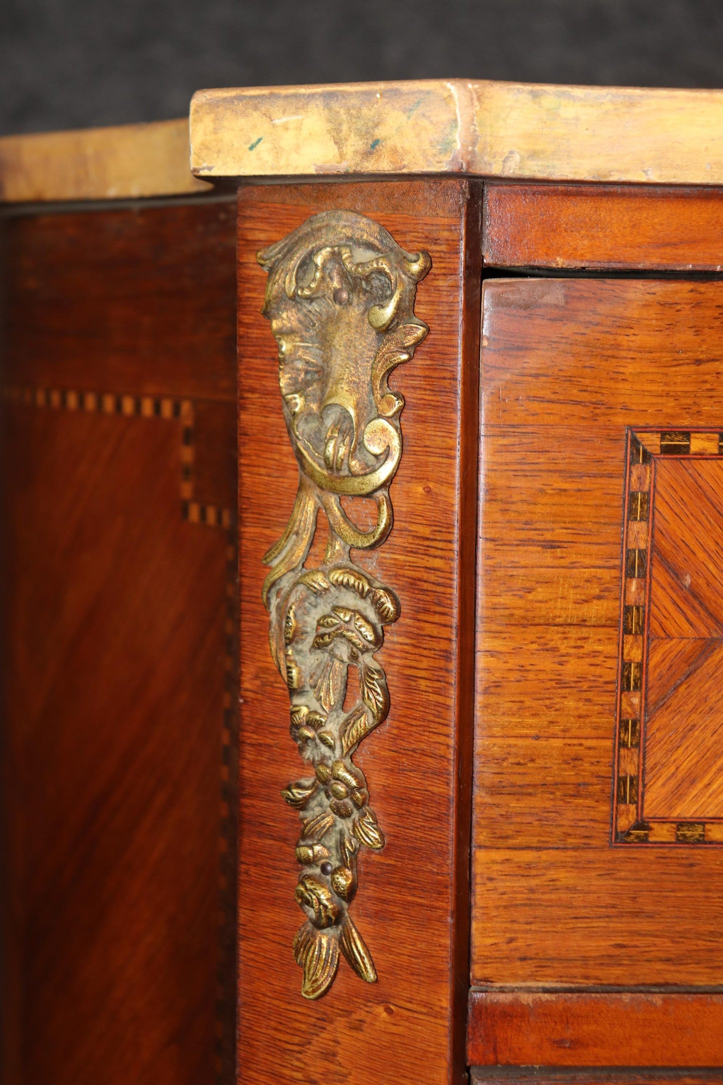 Special Faux Paint Decorated Marble Top Inlaid French Louis XV Wide Dresser 1930