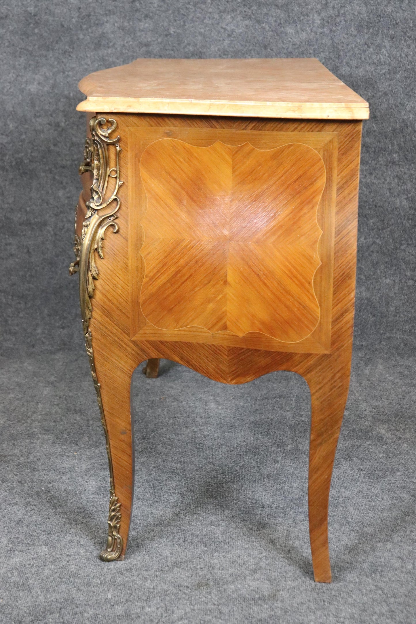 Fine Pale Walnut French Louis XV bronze Mounted Marble Top 3 Drawer Commode