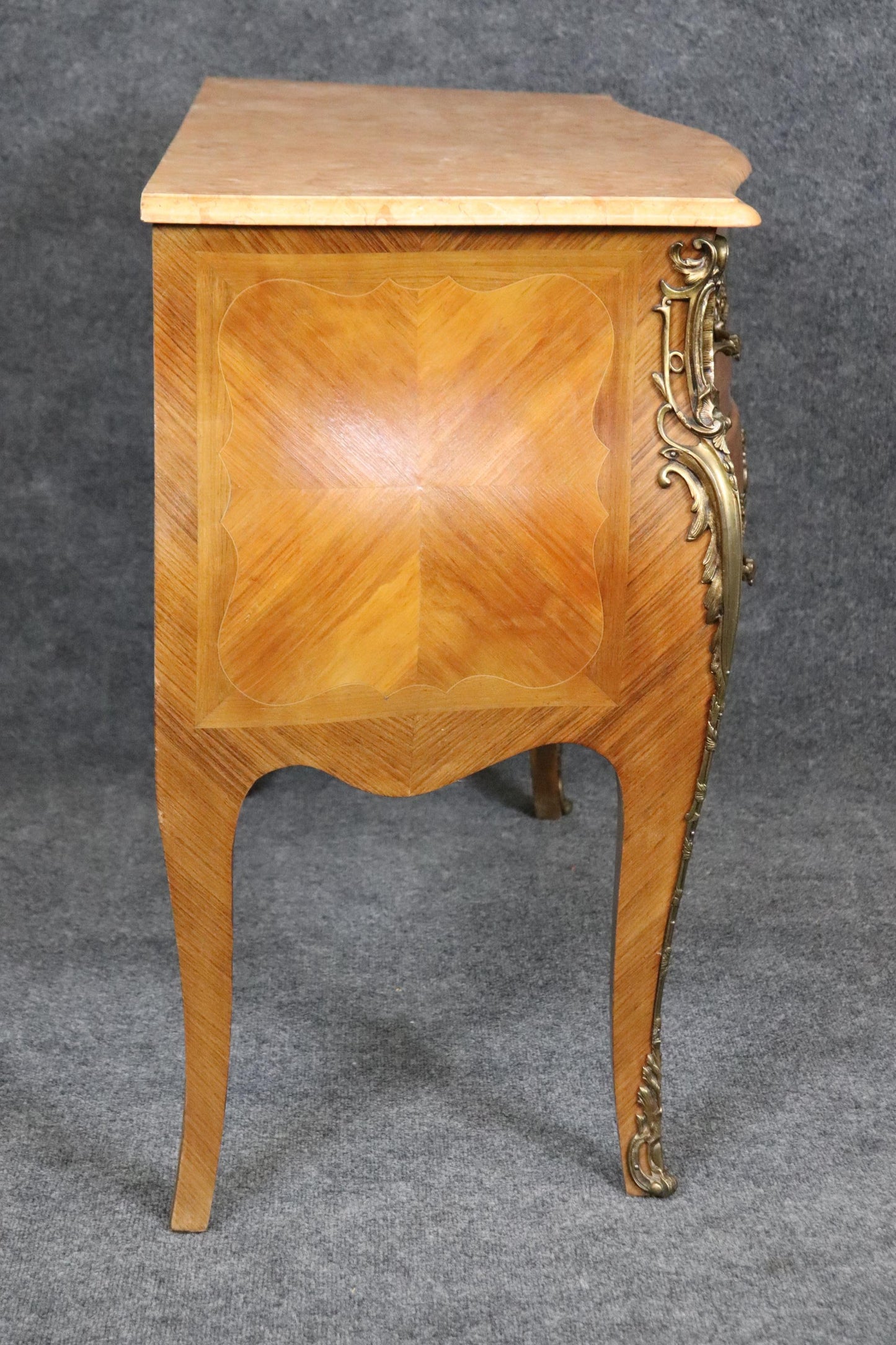 Fine Pale Walnut French Louis XV bronze Mounted Marble Top 3 Drawer Commode