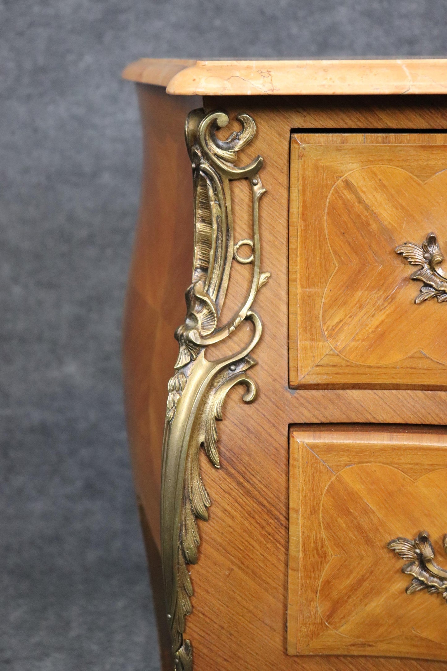 Fine Pale Walnut French Louis XV bronze Mounted Marble Top 3 Drawer Commode