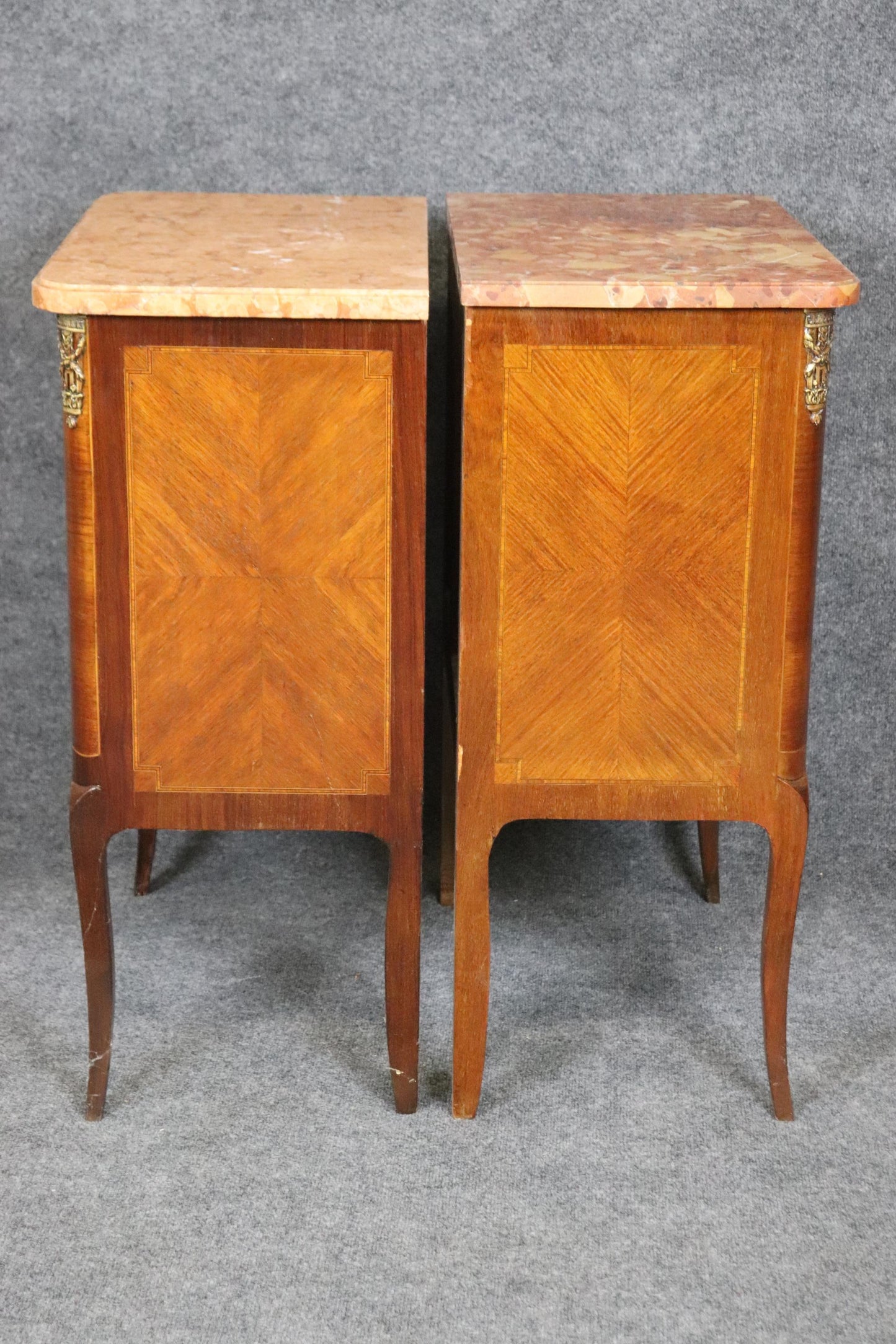 Companion Pair Inlaid French Marble Top Louis XV Nightstands Circa 1920s