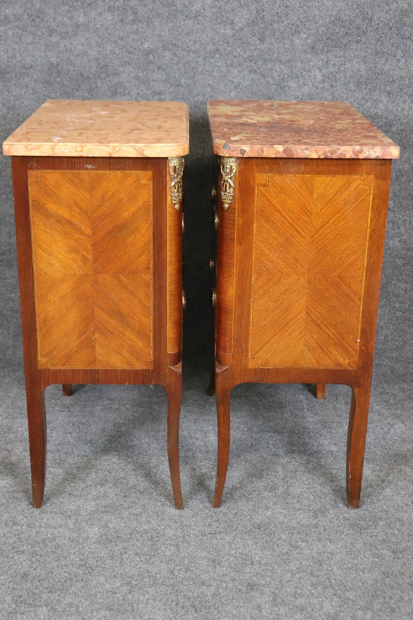 Companion Pair Inlaid French Marble Top Louis XV Nightstands Circa 1920s