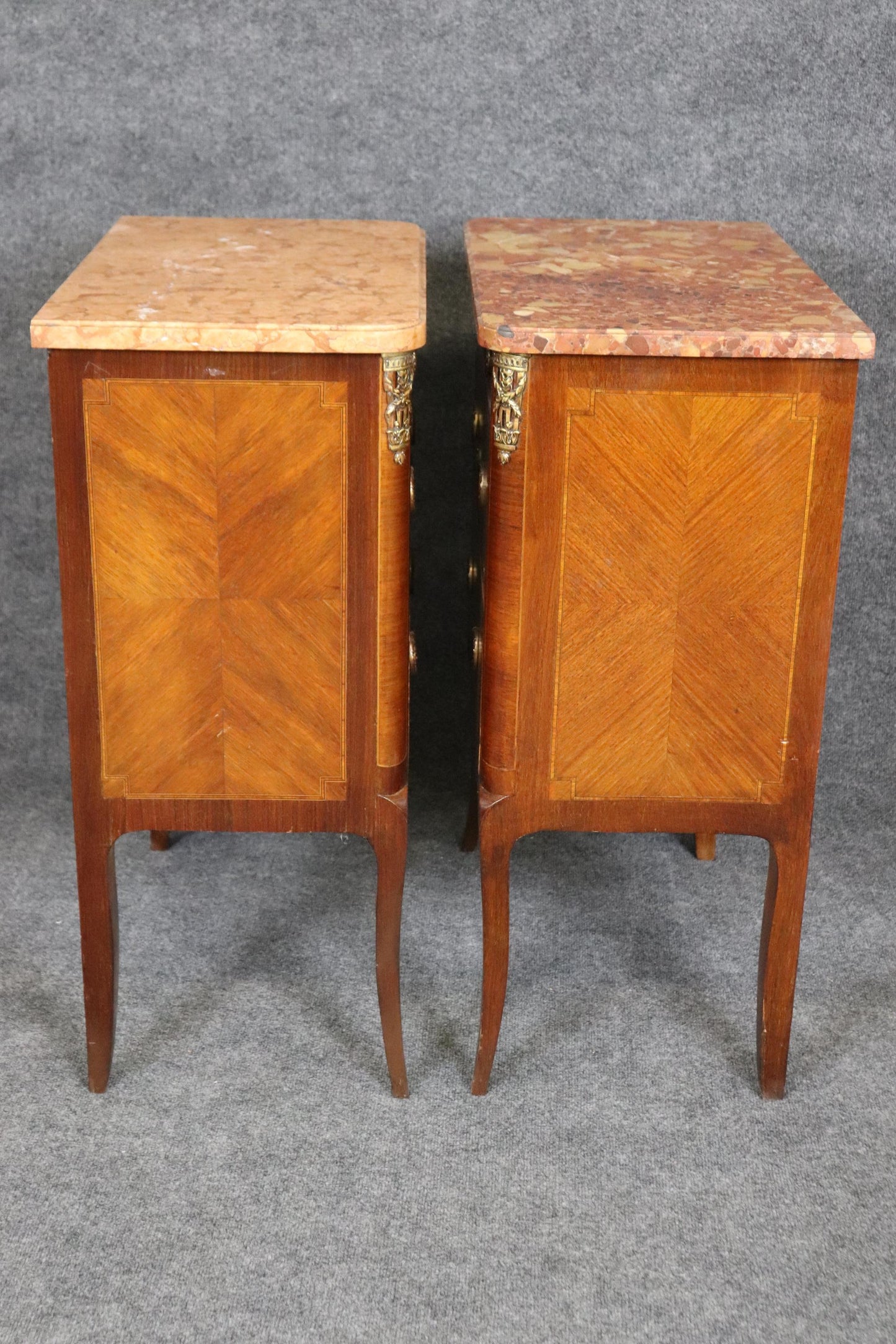 Companion Pair Inlaid French Marble Top Louis XV Nightstands Circa 1920s