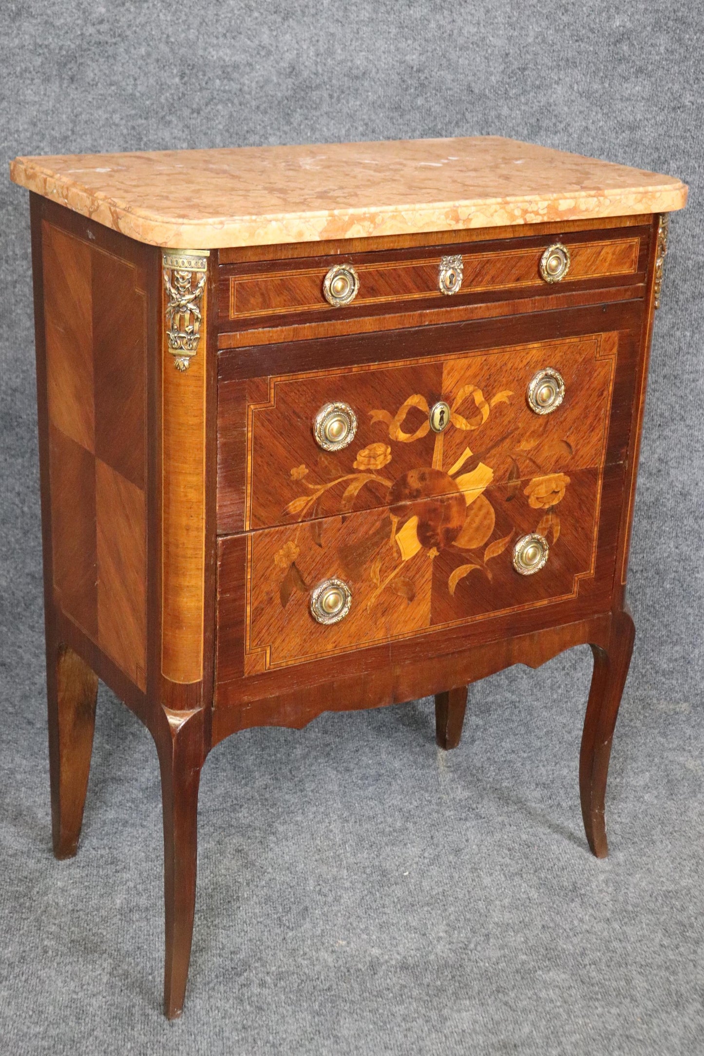 Companion Pair Inlaid French Marble Top Louis XV Nightstands Circa 1920s