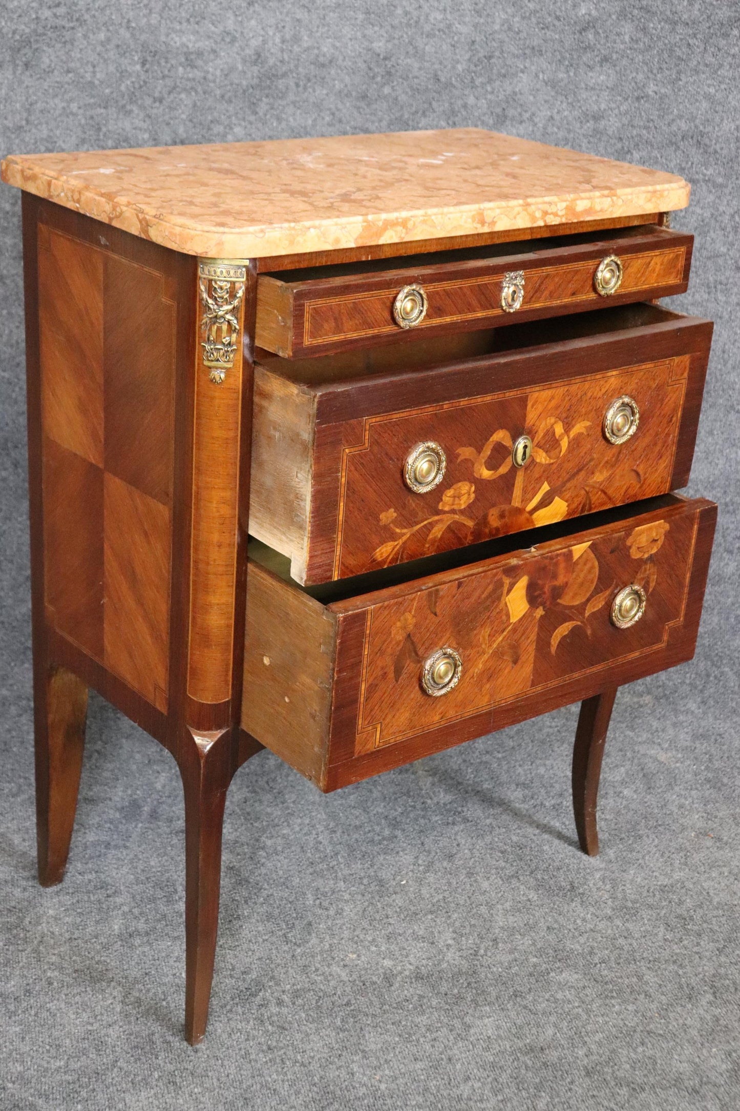 Companion Pair Inlaid French Marble Top Louis XV Nightstands Circa 1920s