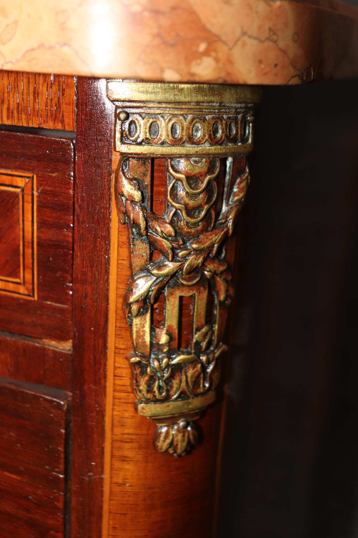 Companion Pair Inlaid French Marble Top Louis XV Nightstands Circa 1920s