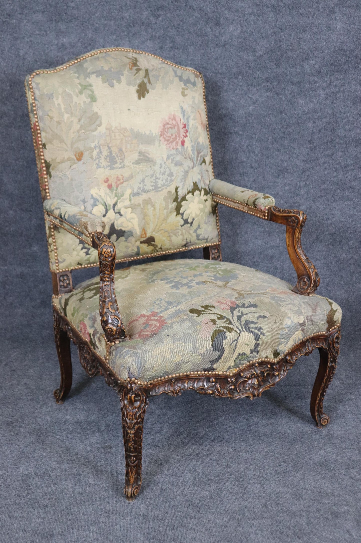 Superb Pair Important Carved French Regence Tapestry Armchairs Circa 1850s