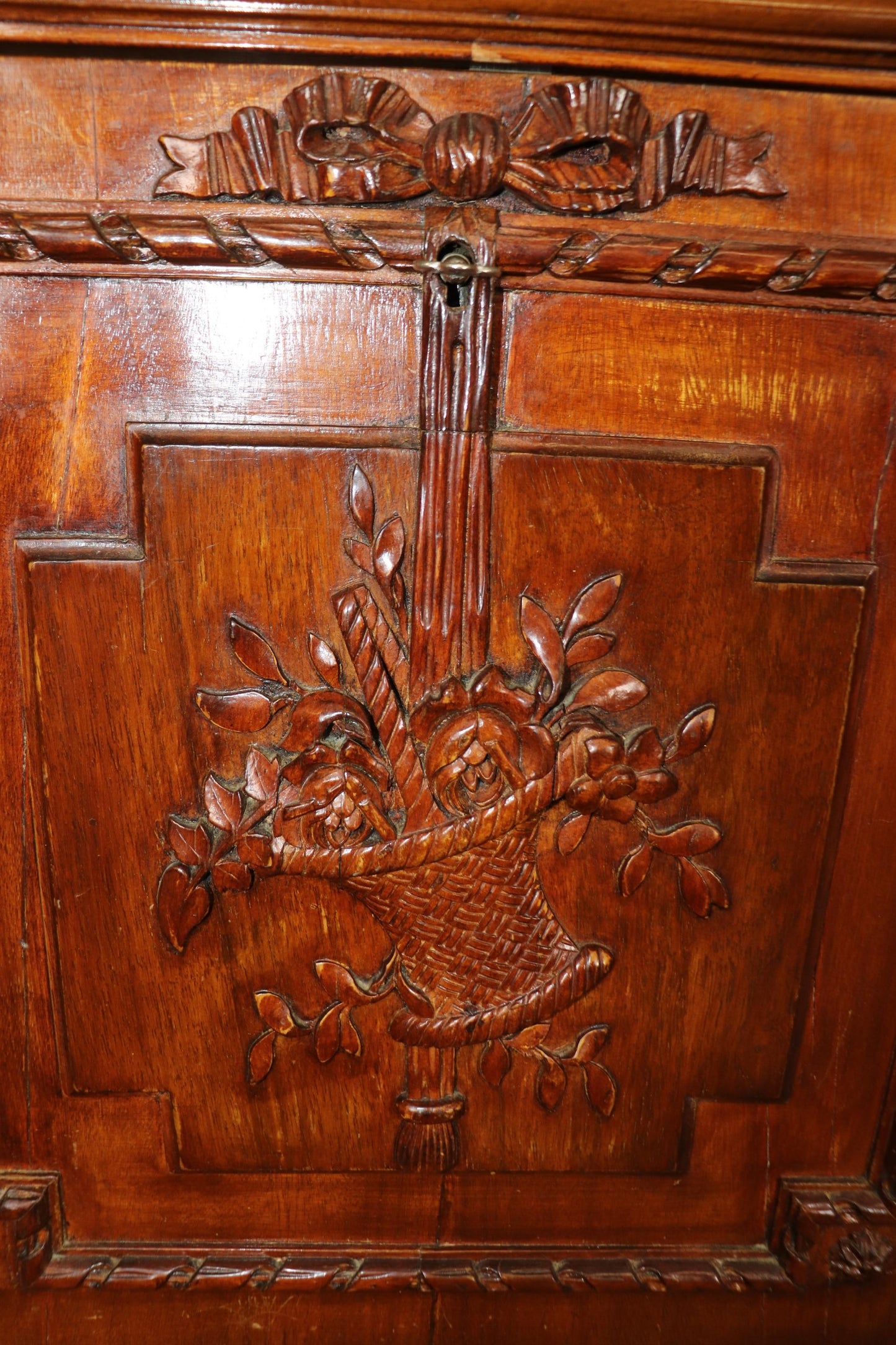 Fine Carved Walnut French Louis XV Secretary Desk Abatant Basket of Flowers