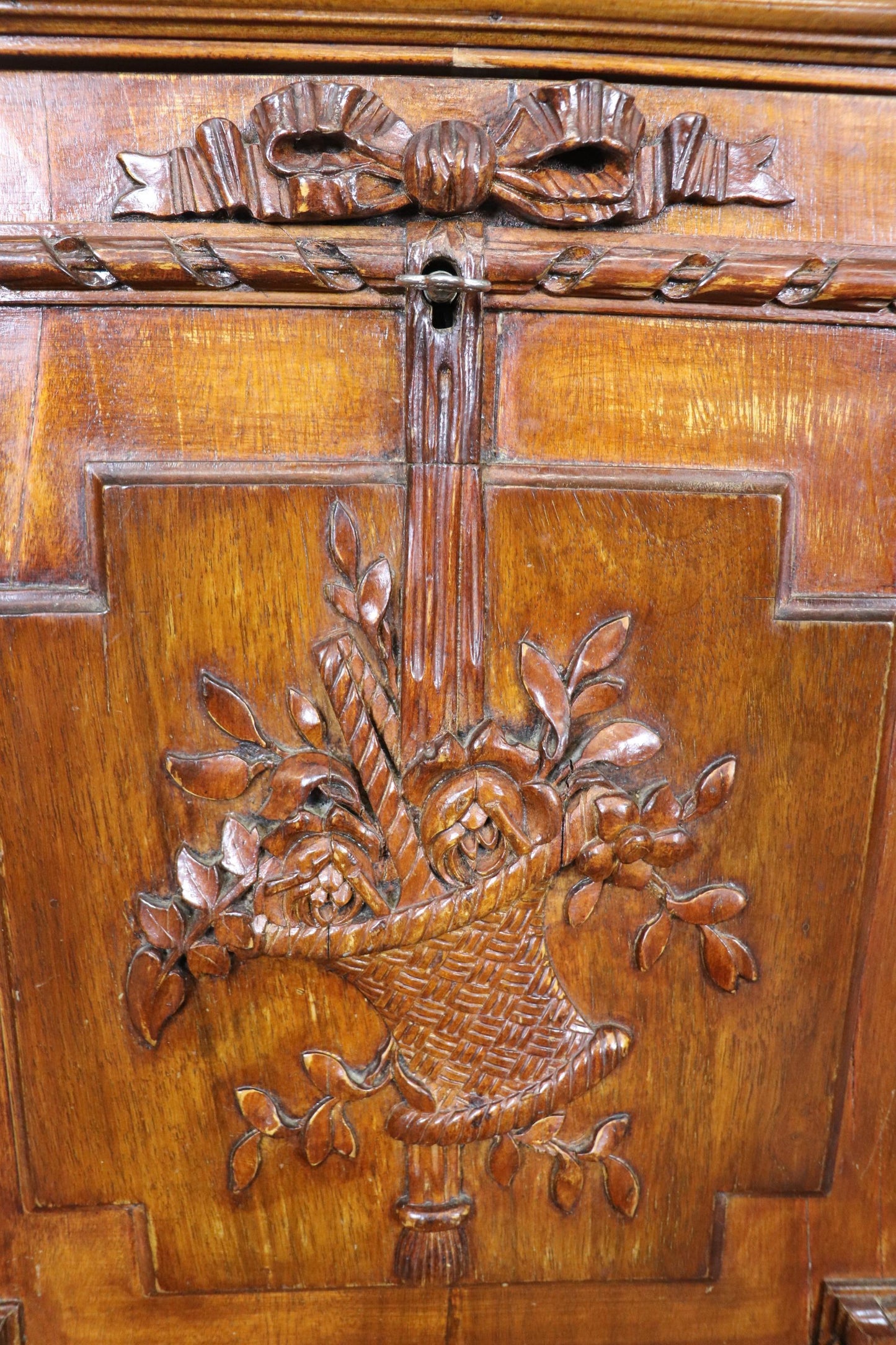 Fine Carved Walnut French Louis XV Secretary Desk Abatant Basket of Flowers