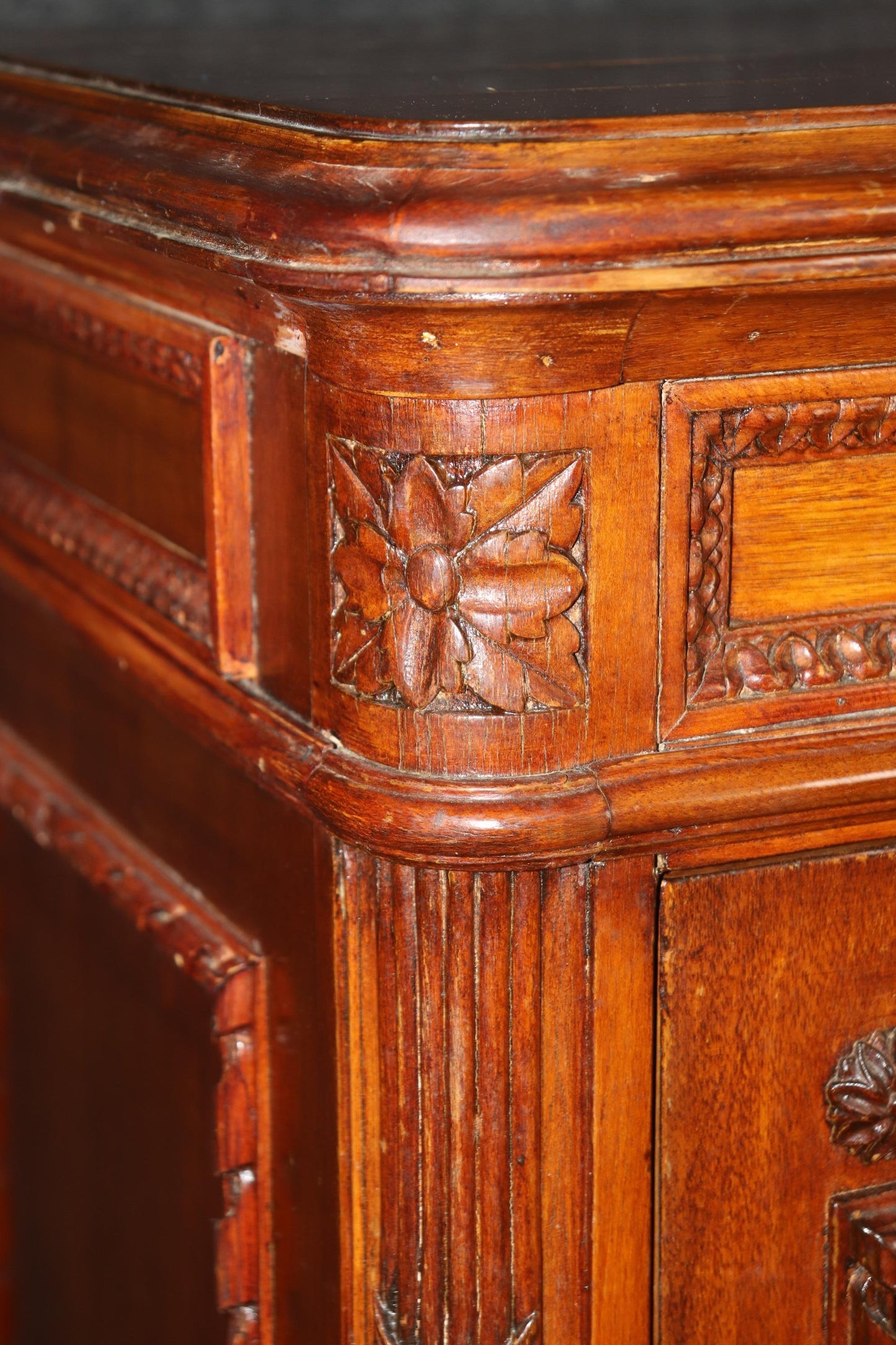 Fine Carved Walnut French Louis XV Secretary Desk Abatant Basket of Flowers