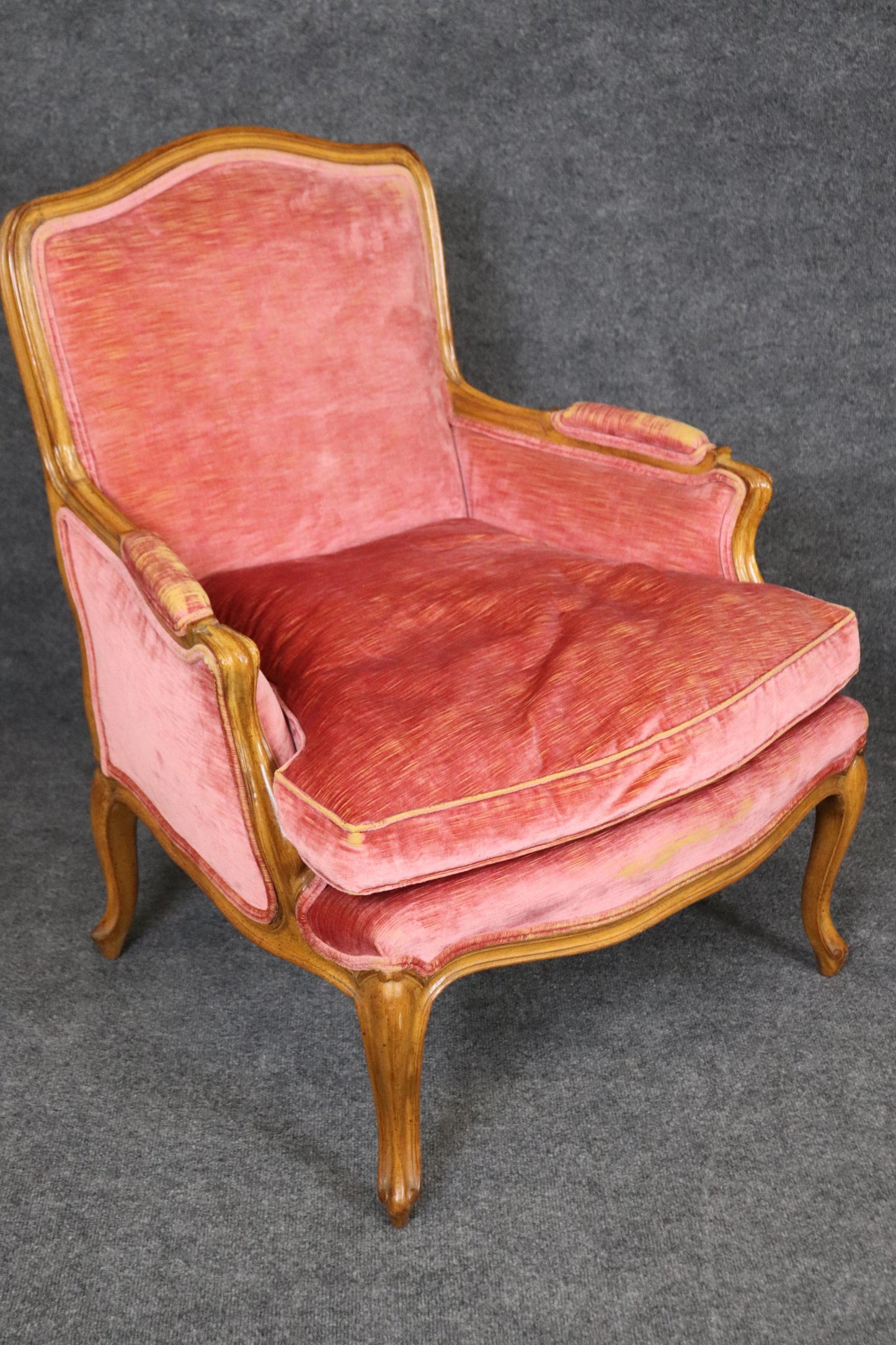 Fine Pair of Gently Worn Rose Velvet French Walnut Louis XV Bergere Chairs