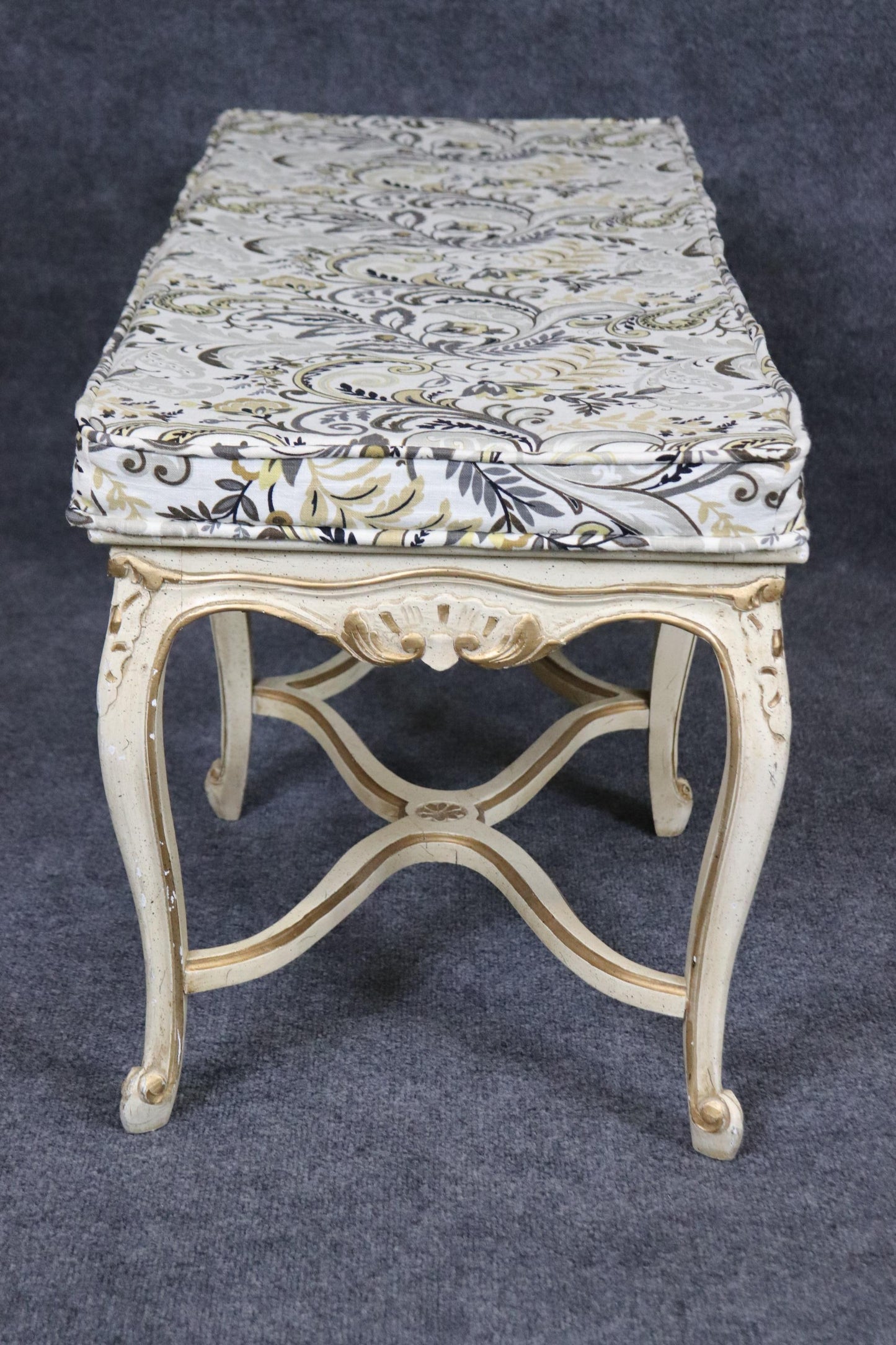 White and Gold Paint Decorated Cane French Louis XV Style Six Leg Window Bench