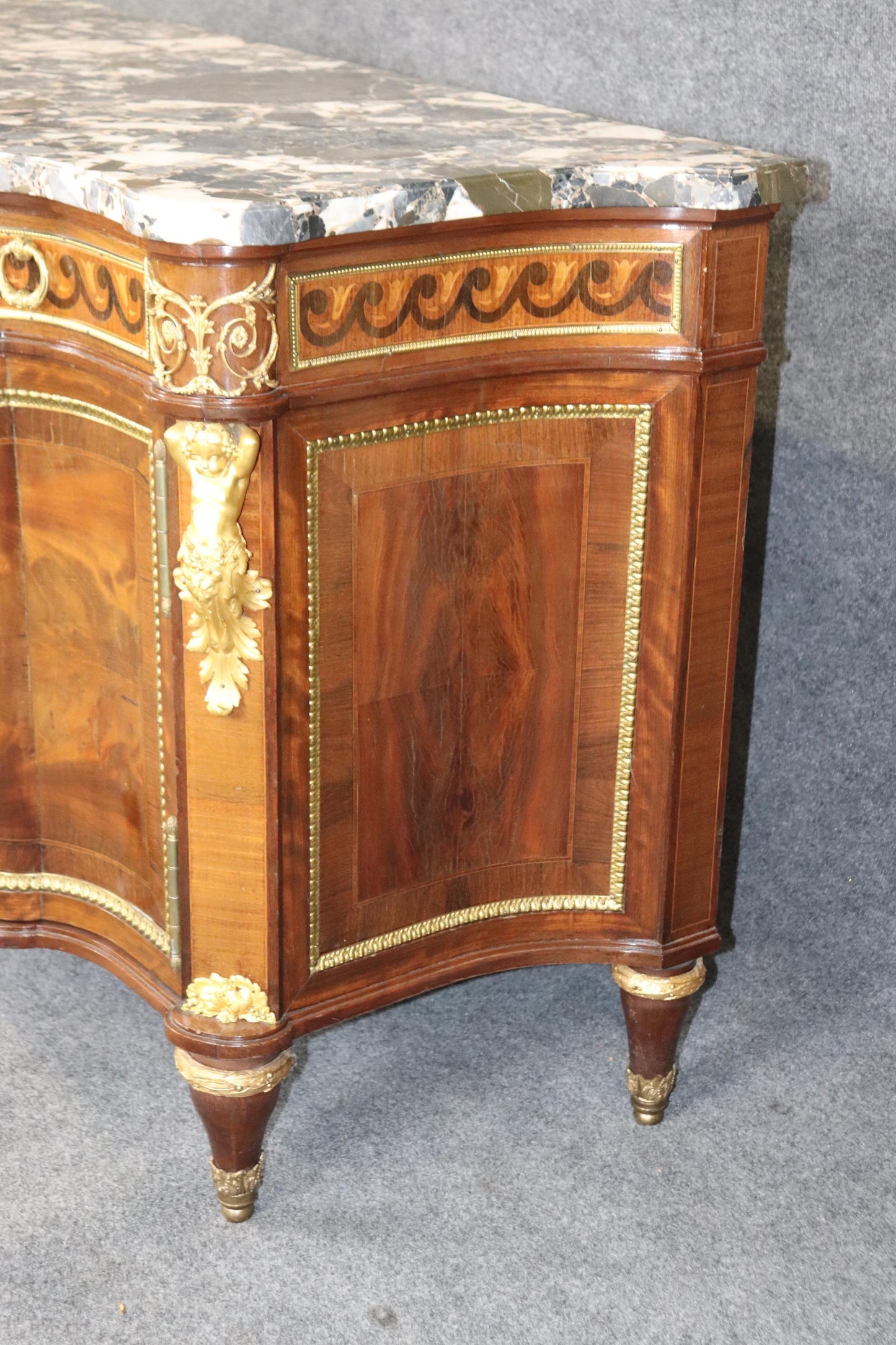 French Linke Quality Antique Mahogany Commode with Dore' Bronze Putti Mounts