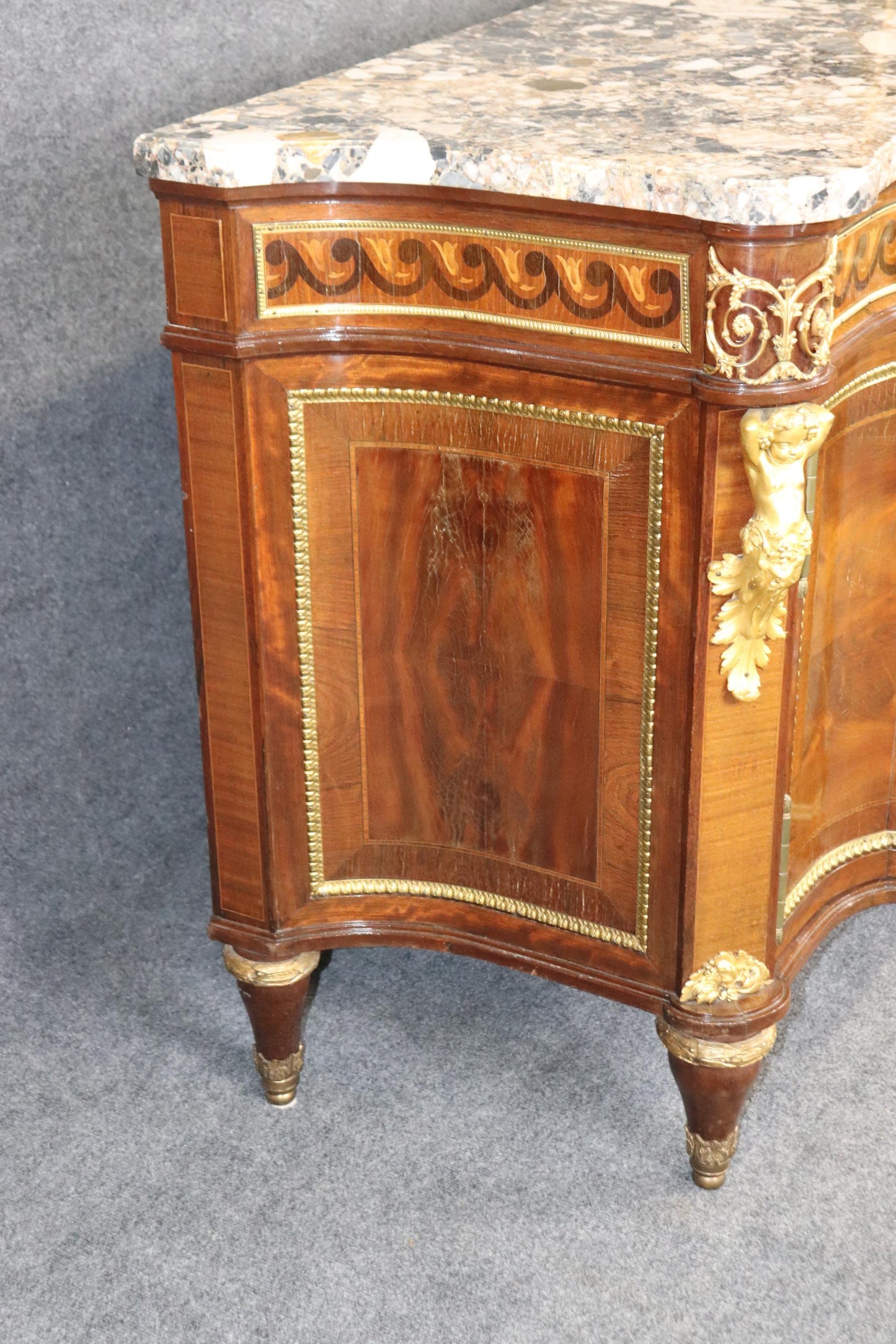 French Linke Quality Antique Mahogany Commode with Dore' Bronze Putti Mounts