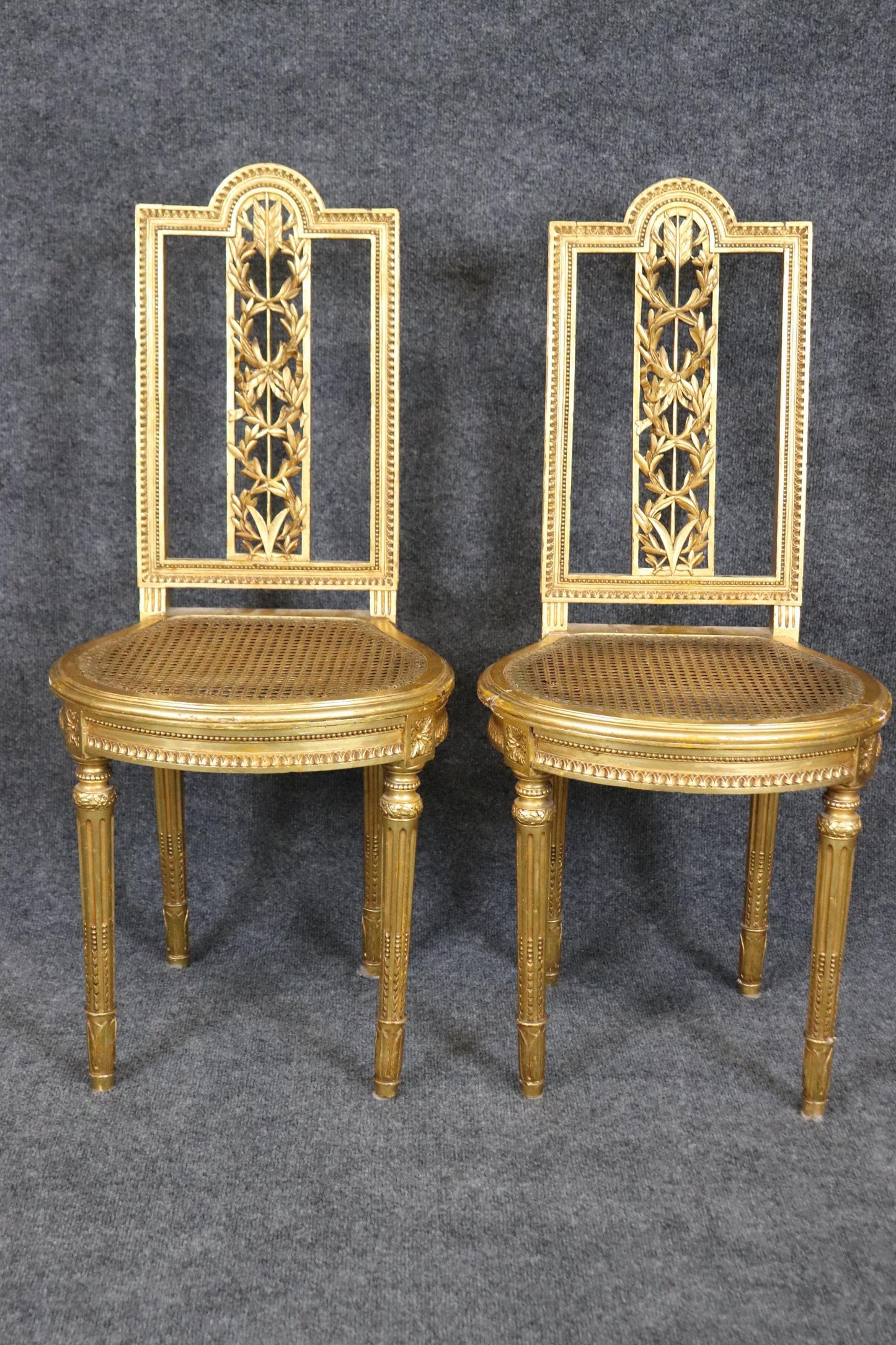 Fine Pair Bright Gilded French Cane Louis XVI Directoire Side Parlor Chairs