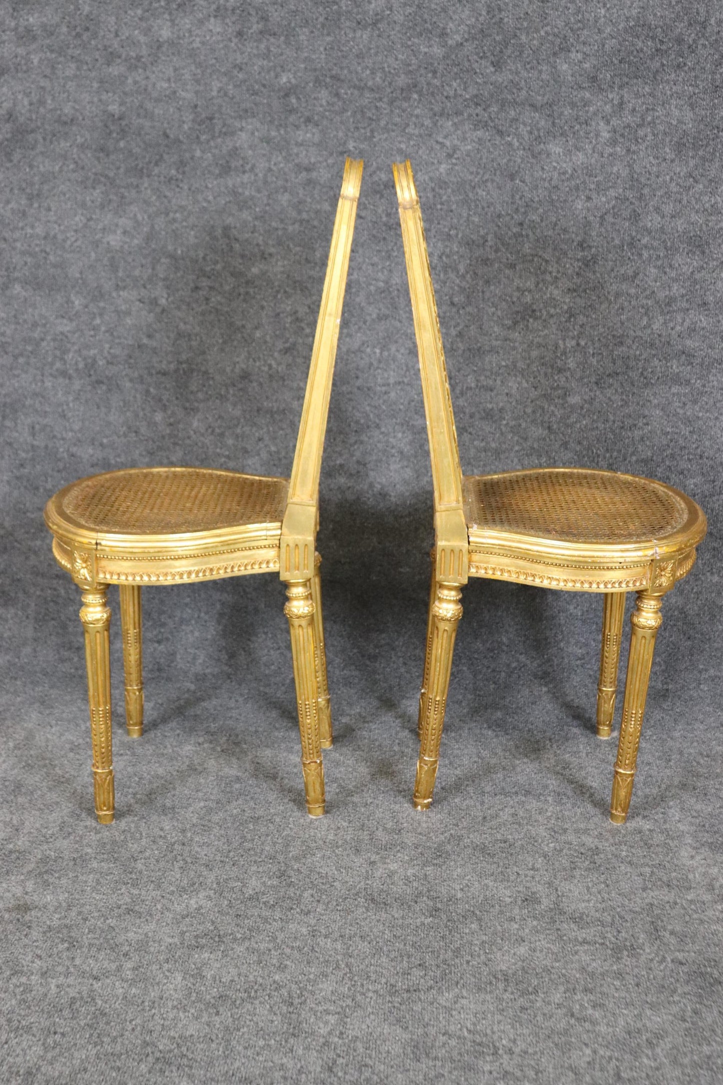 Fine Pair Bright Gilded French Cane Louis XVI Directoire Side Parlor Chairs