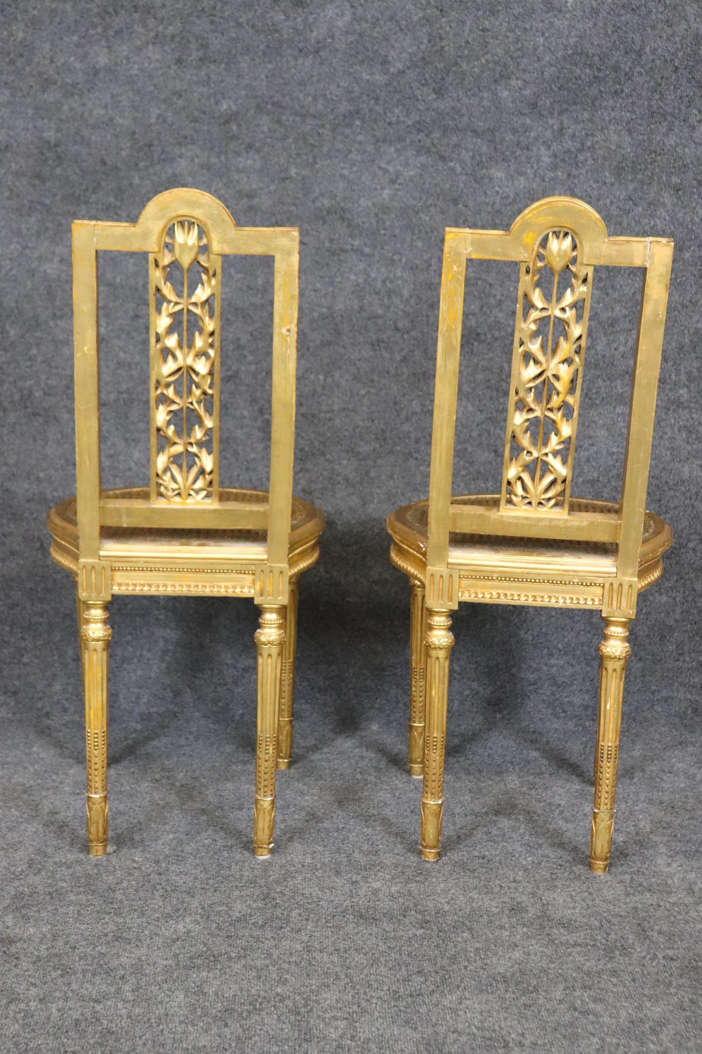 Fine Pair Bright Gilded French Cane Louis XVI Directoire Side Parlor Chairs