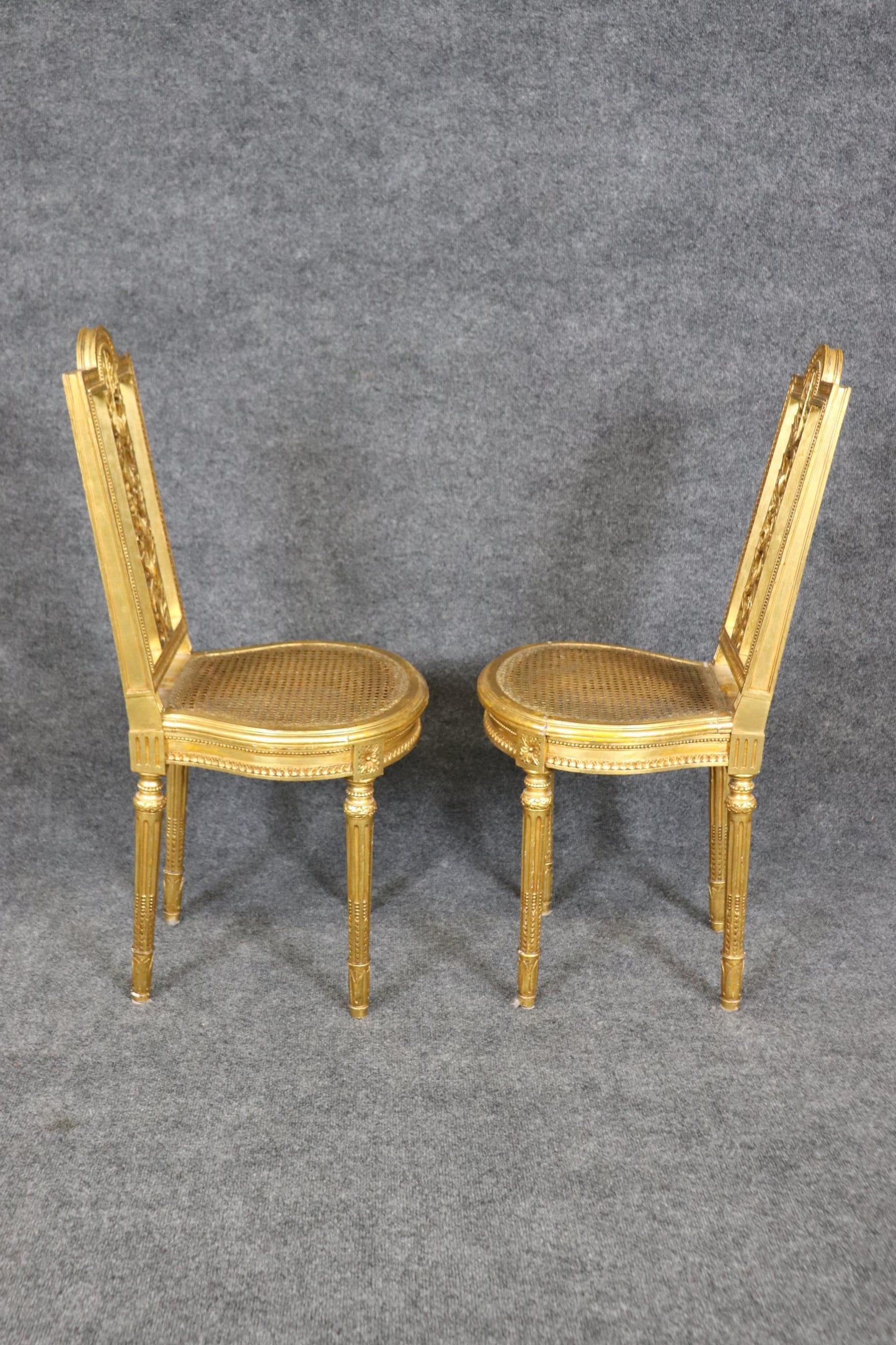 Fine Pair Bright Gilded French Cane Louis XVI Directoire Side Parlor Chairs