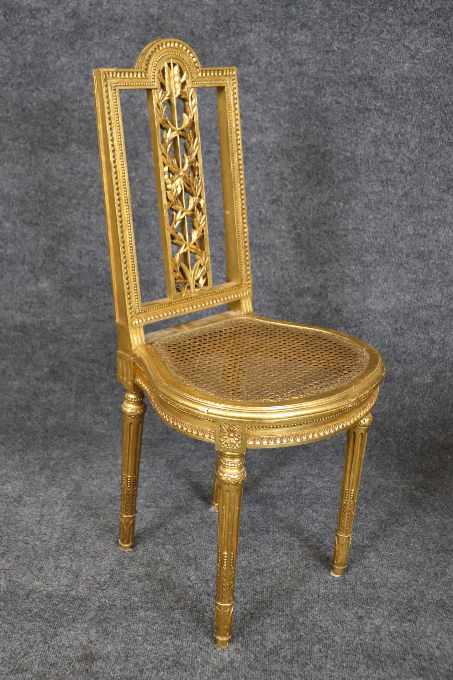 Fine Pair Bright Gilded French Cane Louis XVI Directoire Side Parlor Chairs