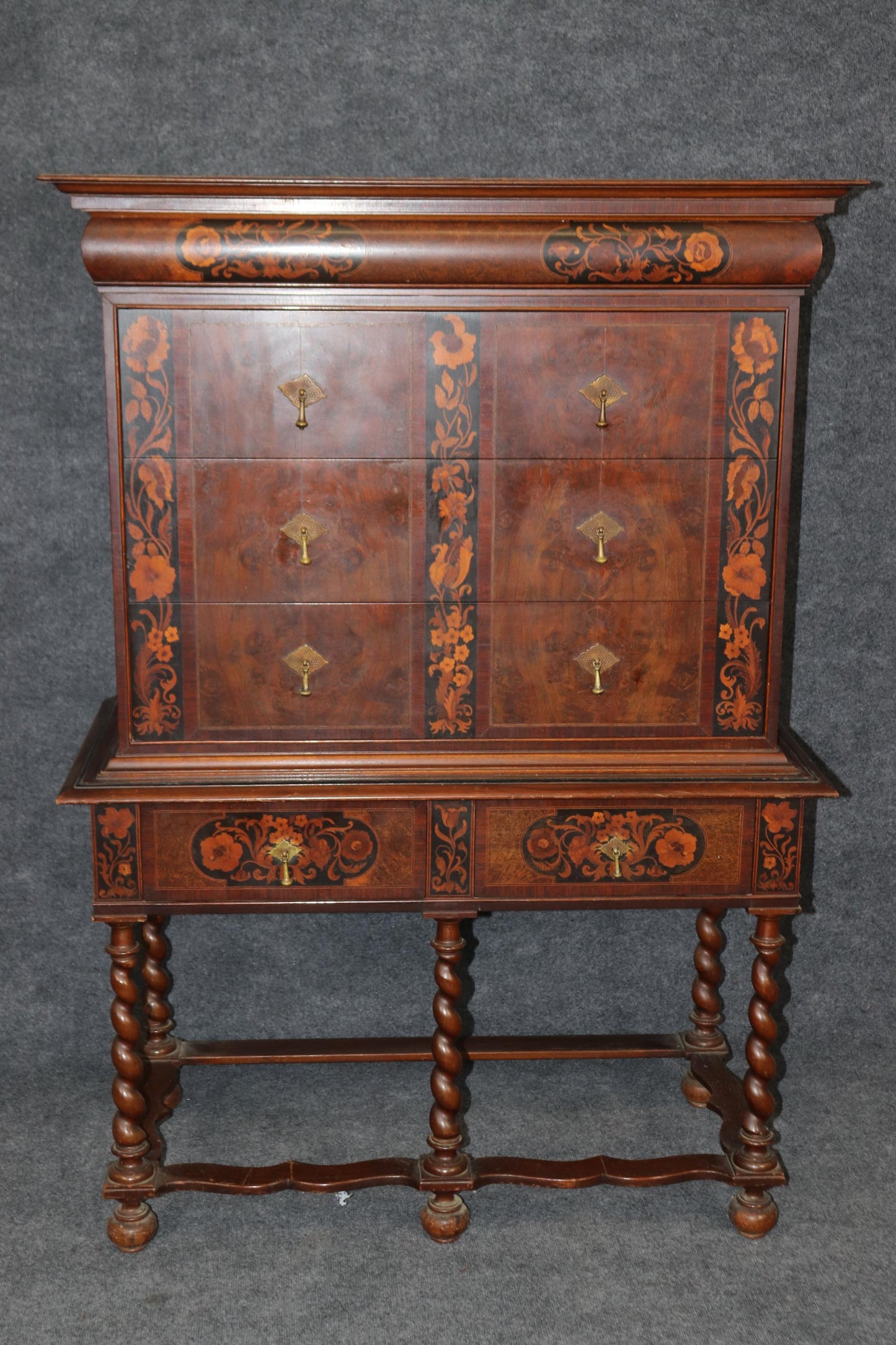 Fine Quality American Made Inlaid Walnut William and Mary Style Tall Chest