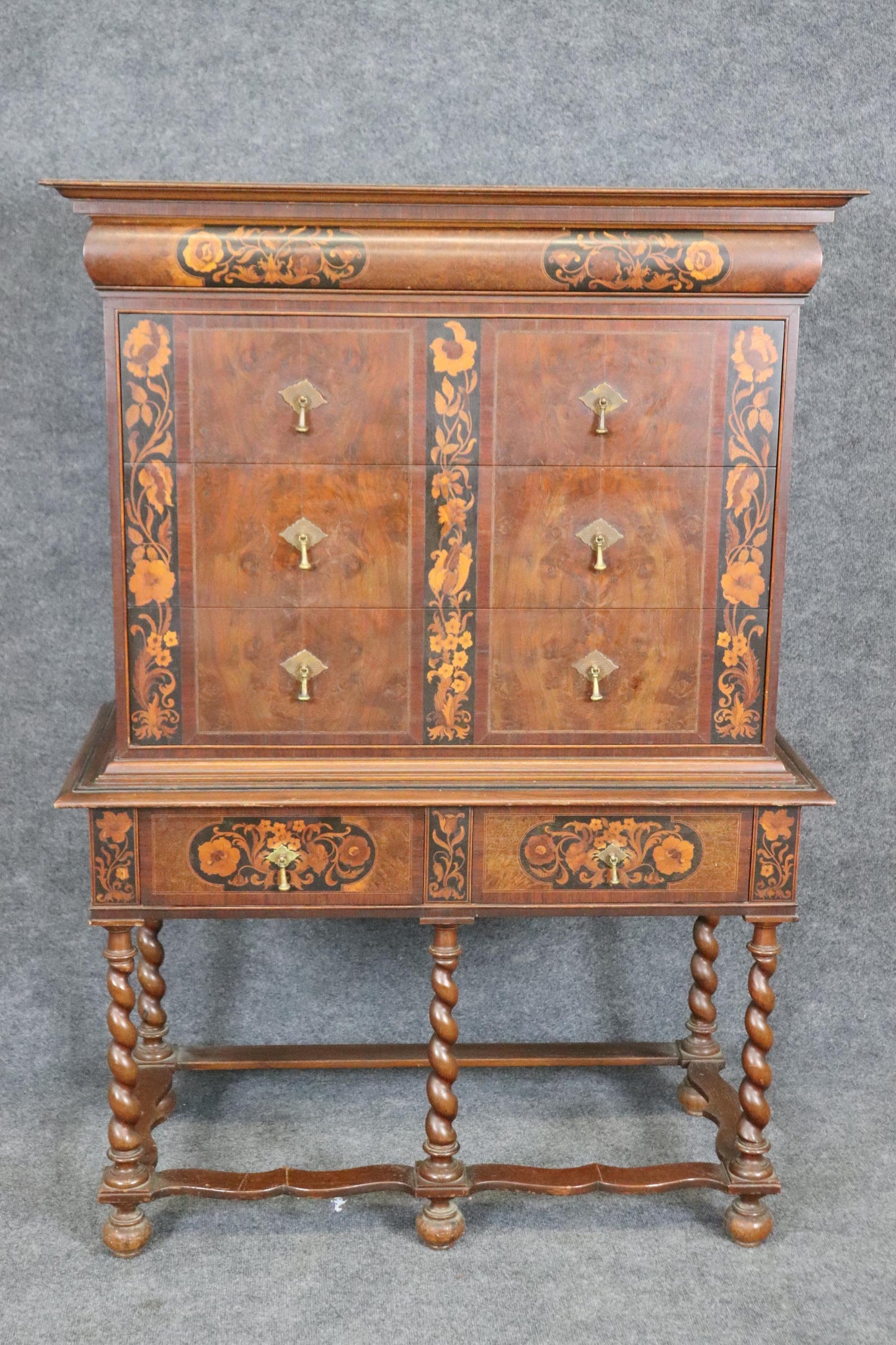 Fine Quality American Made Inlaid Walnut William and Mary Style Tall Chest