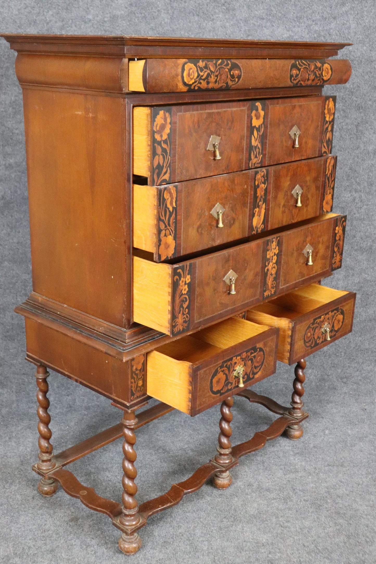 Fine Quality American Made Inlaid Walnut William and Mary Style Tall Chest