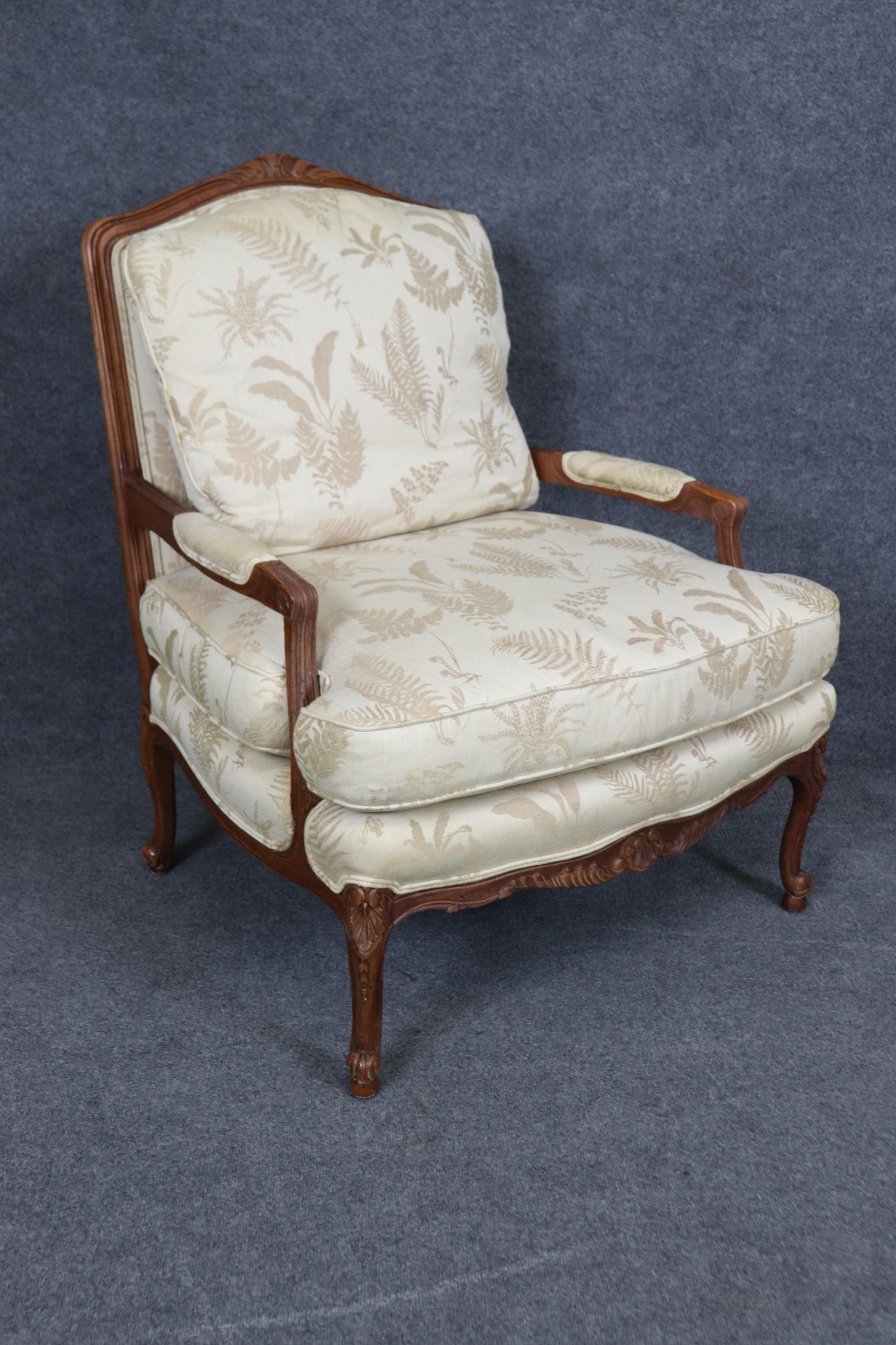 Baker Furniture Company Carved Walnut French Louis XV Style Arm Chair & Ottoman