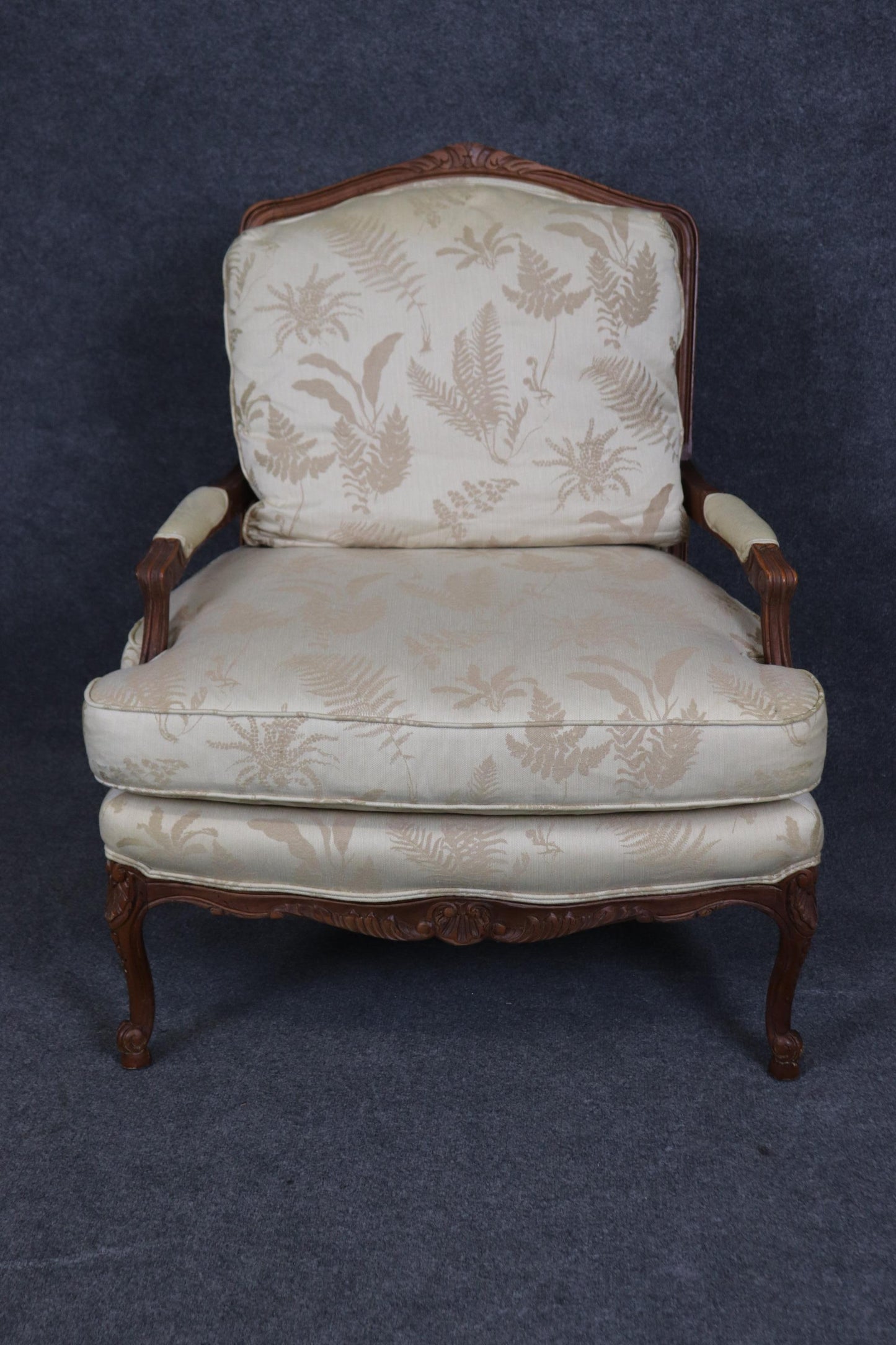 Baker Furniture Company Carved Walnut French Louis XV Style Arm Chair & Ottoman