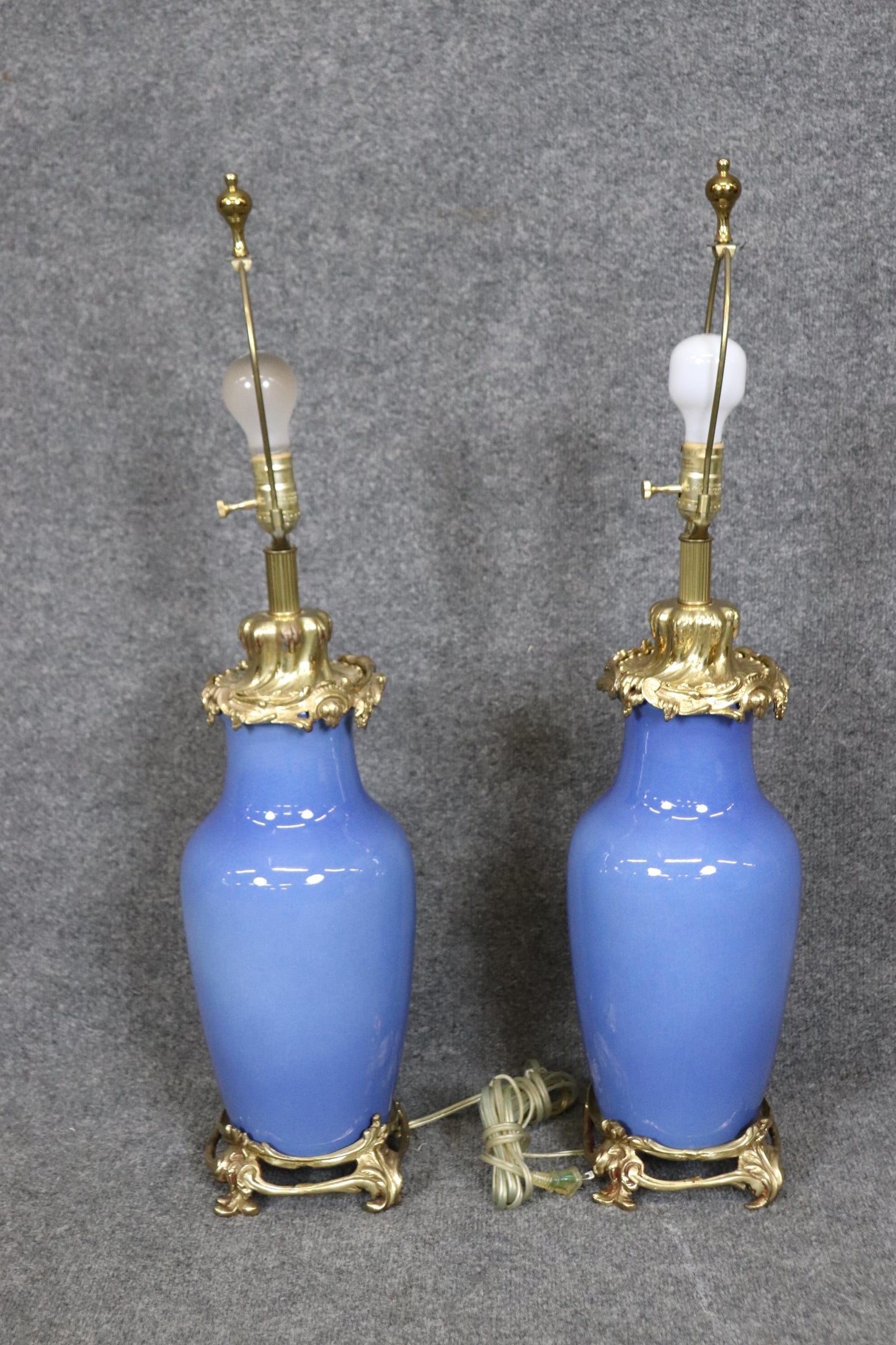 Outstanding Pair Bronze French Rococo Cobalt Blue Porcelain Table Lamps