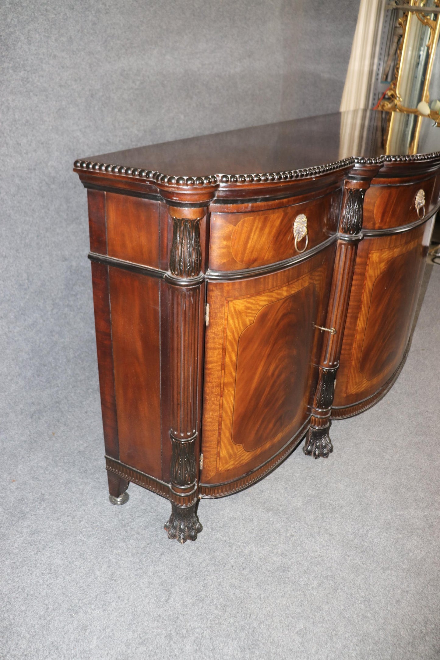 Extraordinary Grand Carved Flame Mahogany Georgian E.J. Victor Sideboard Server