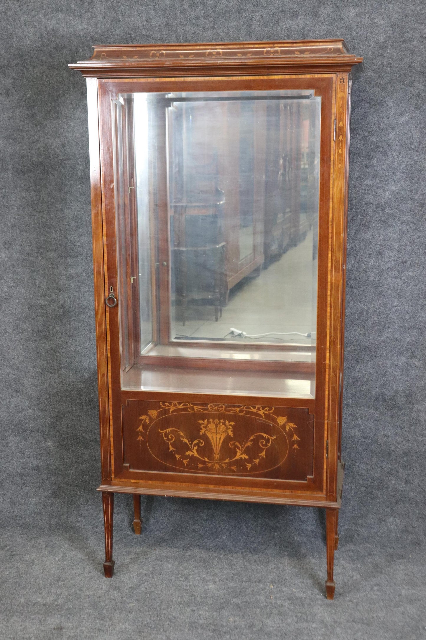 English Edwardian Inlaid Walnut and Satinwood Mirrored Vitrine Curio Cabinet