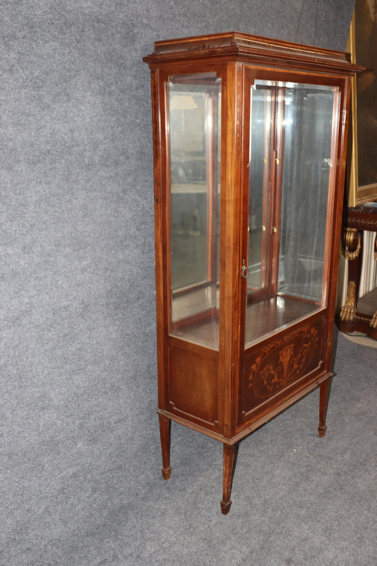 English Edwardian Inlaid Walnut and Satinwood Mirrored Vitrine Curio Cabinet