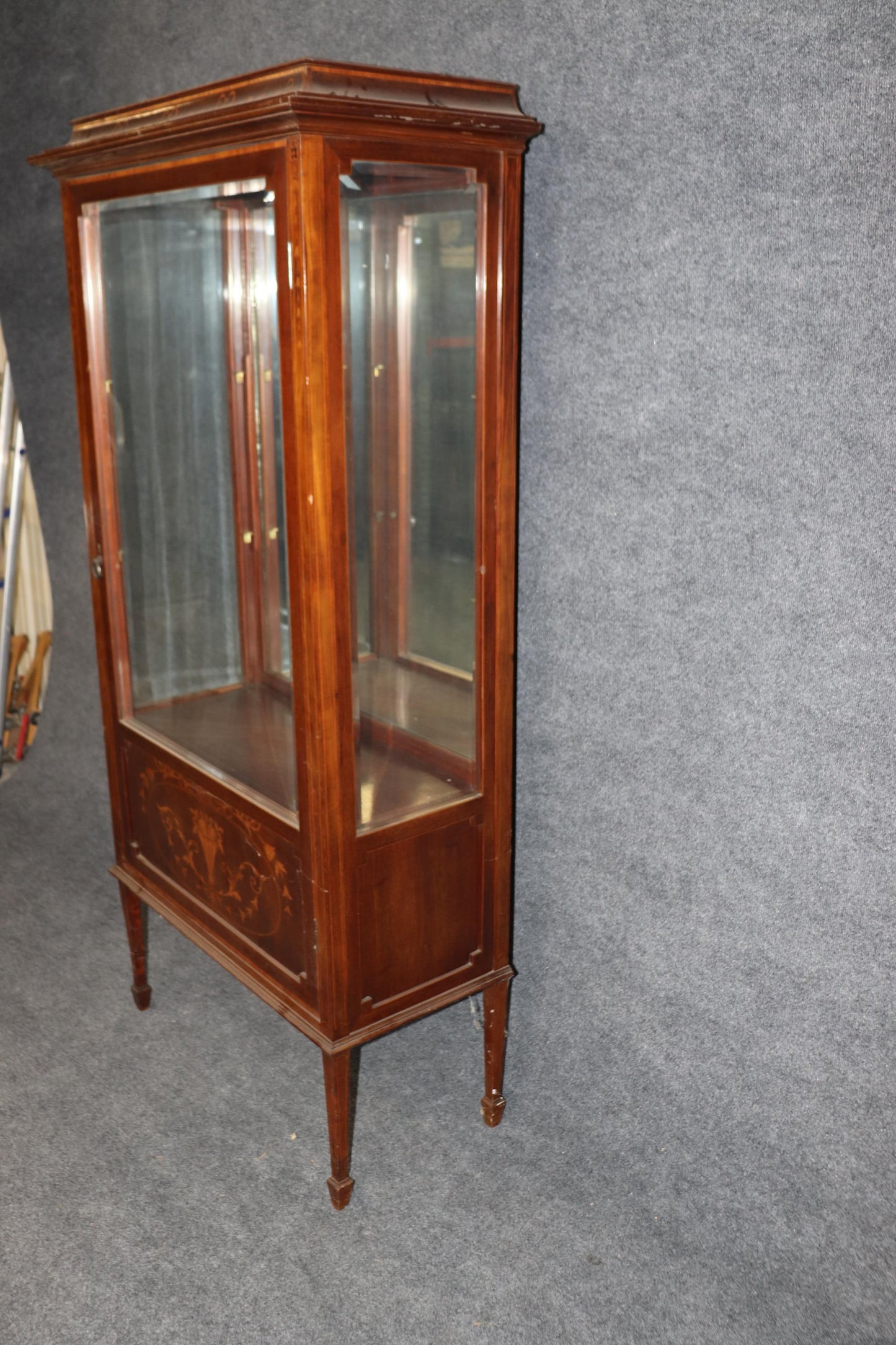 English Edwardian Inlaid Walnut and Satinwood Mirrored Vitrine Curio Cabinet