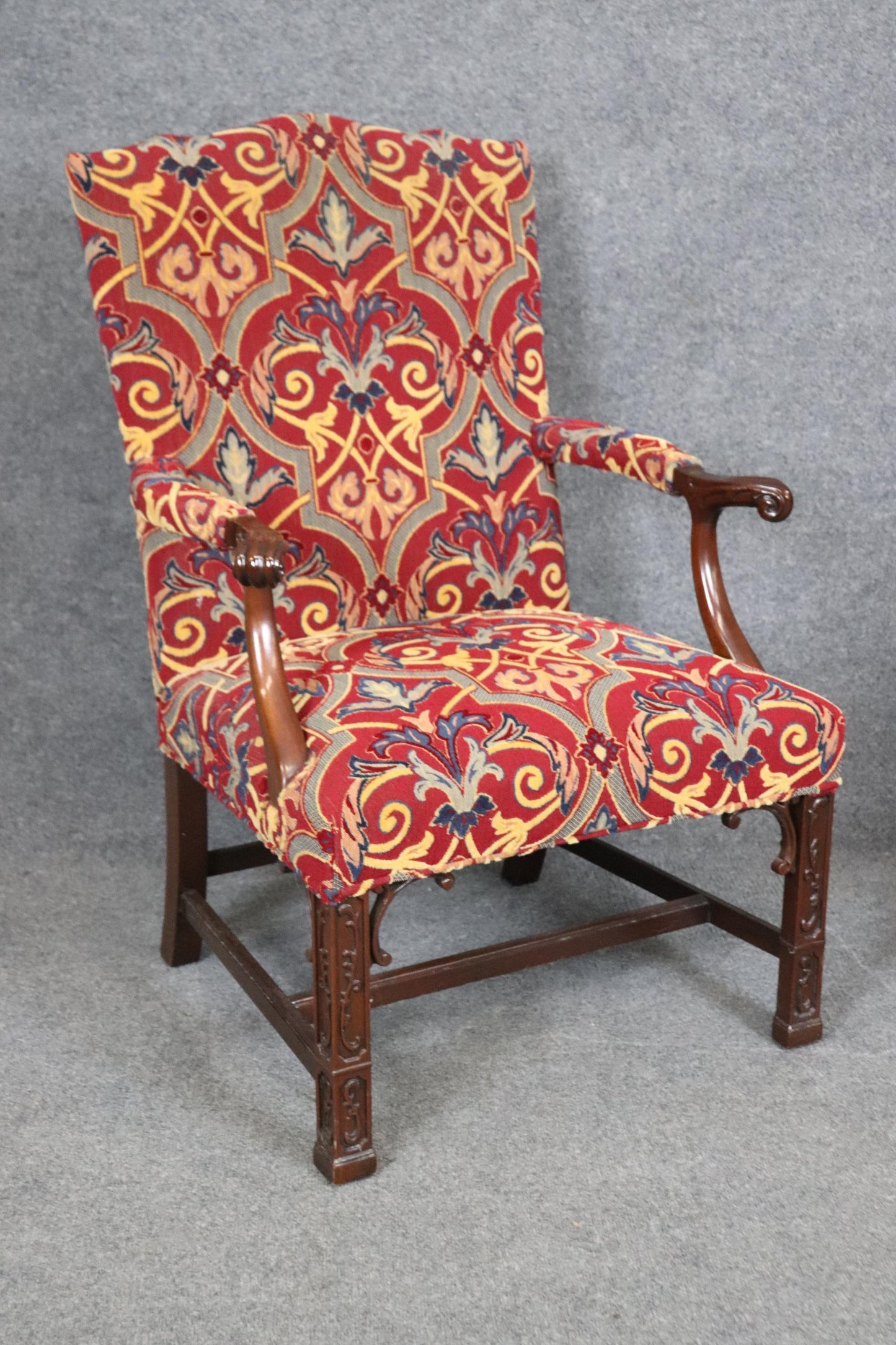 Pair of Solid Mahogany Blind Fretwork Chinese Chippendale Armchairs By Southwood