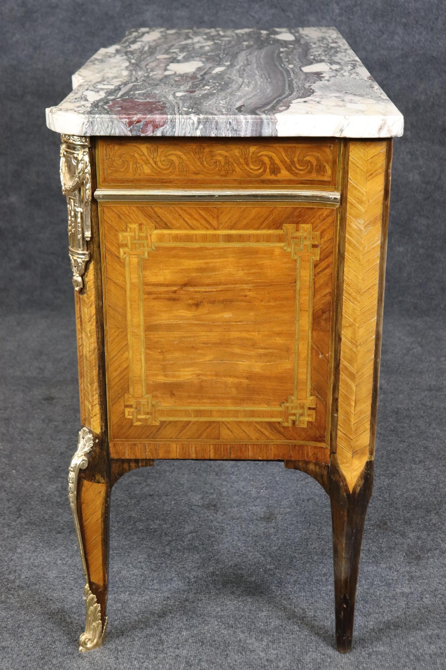 Superb Bright Bronze Ormolu French Louis XV Marble Top Commode Chest