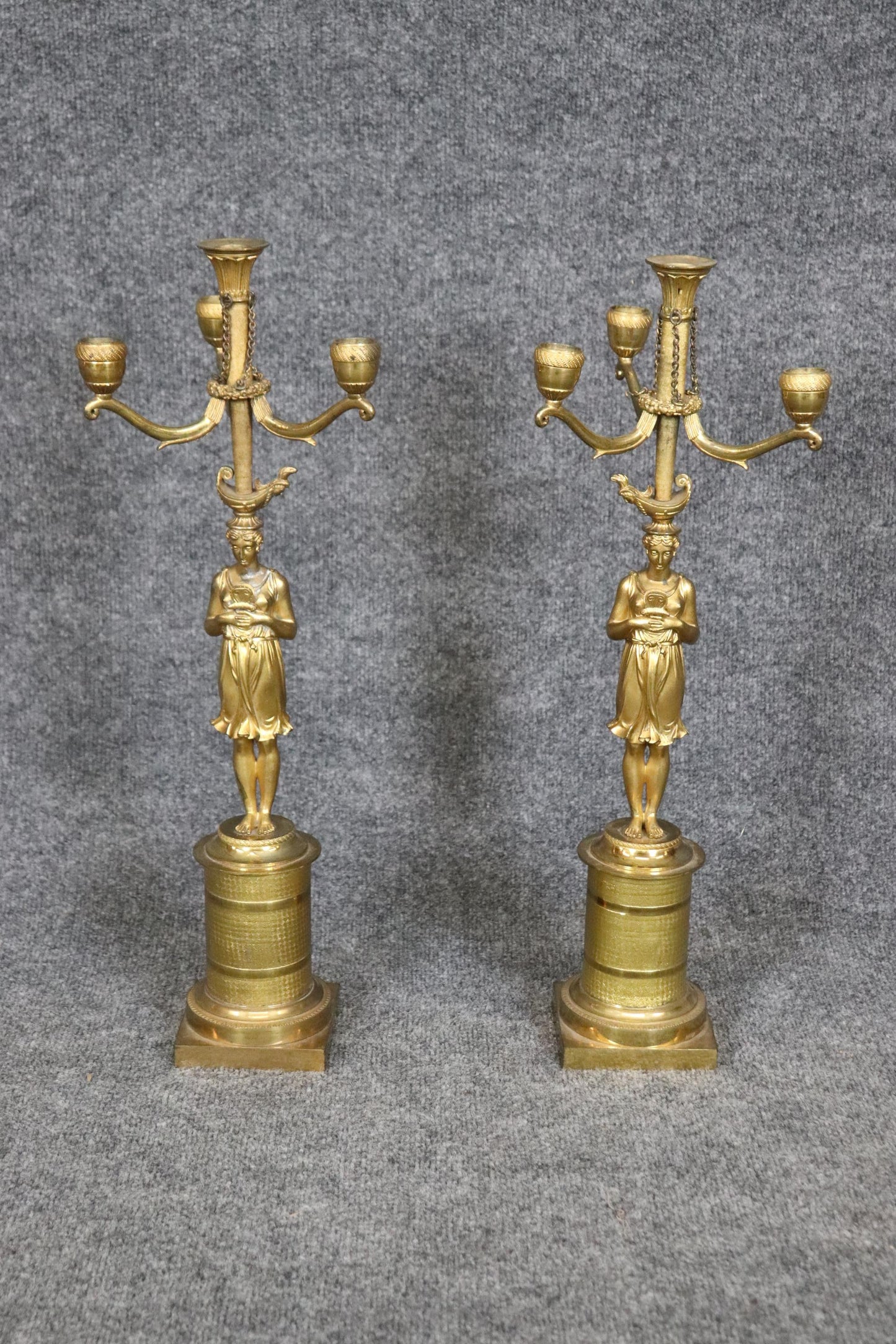 Pair Stunning Large Solid Bronze 19th Century Draped Figural Maidens Candleabra