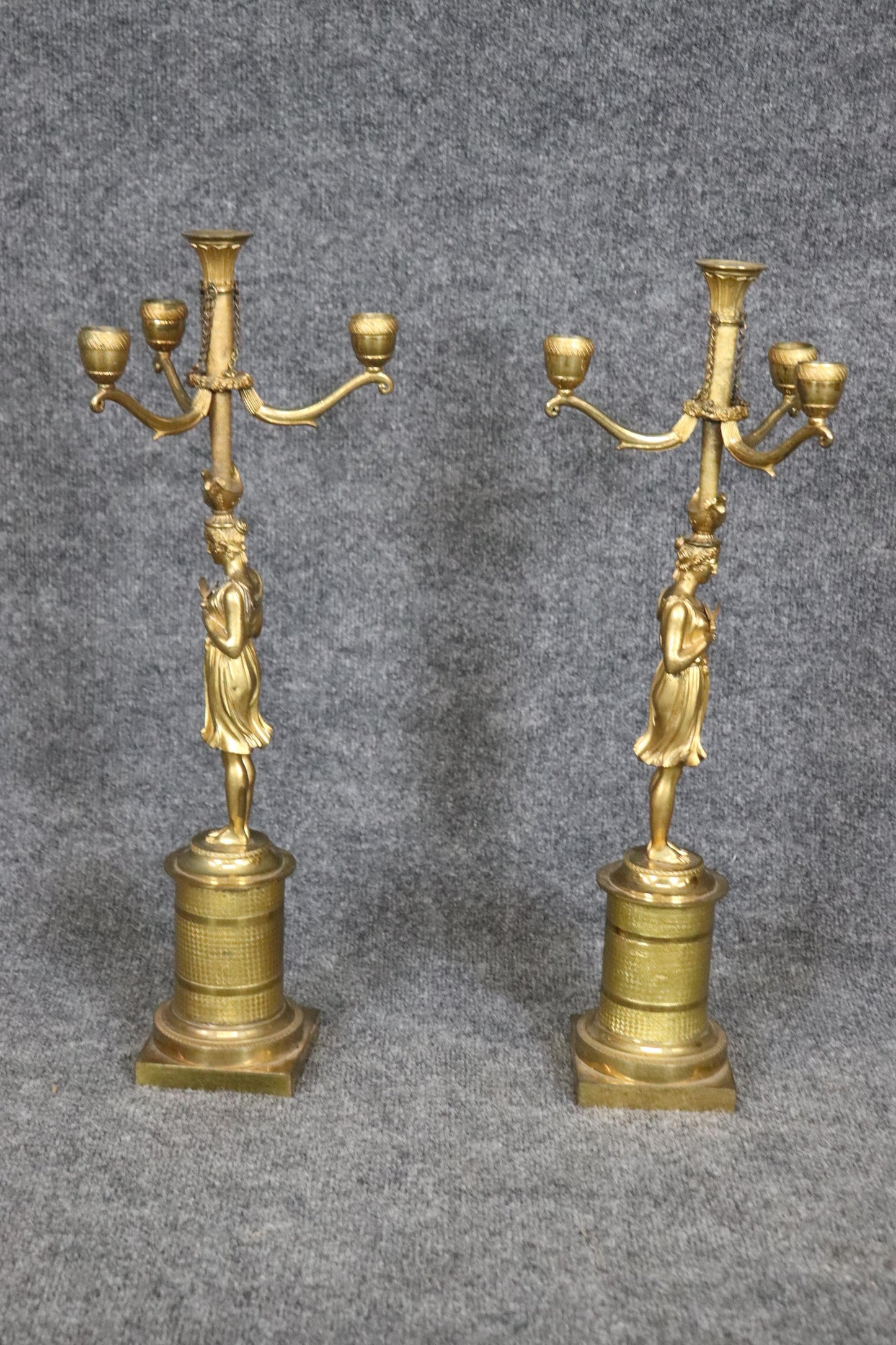 Pair Stunning Large Solid Bronze 19th Century Draped Figural Maidens Candleabra