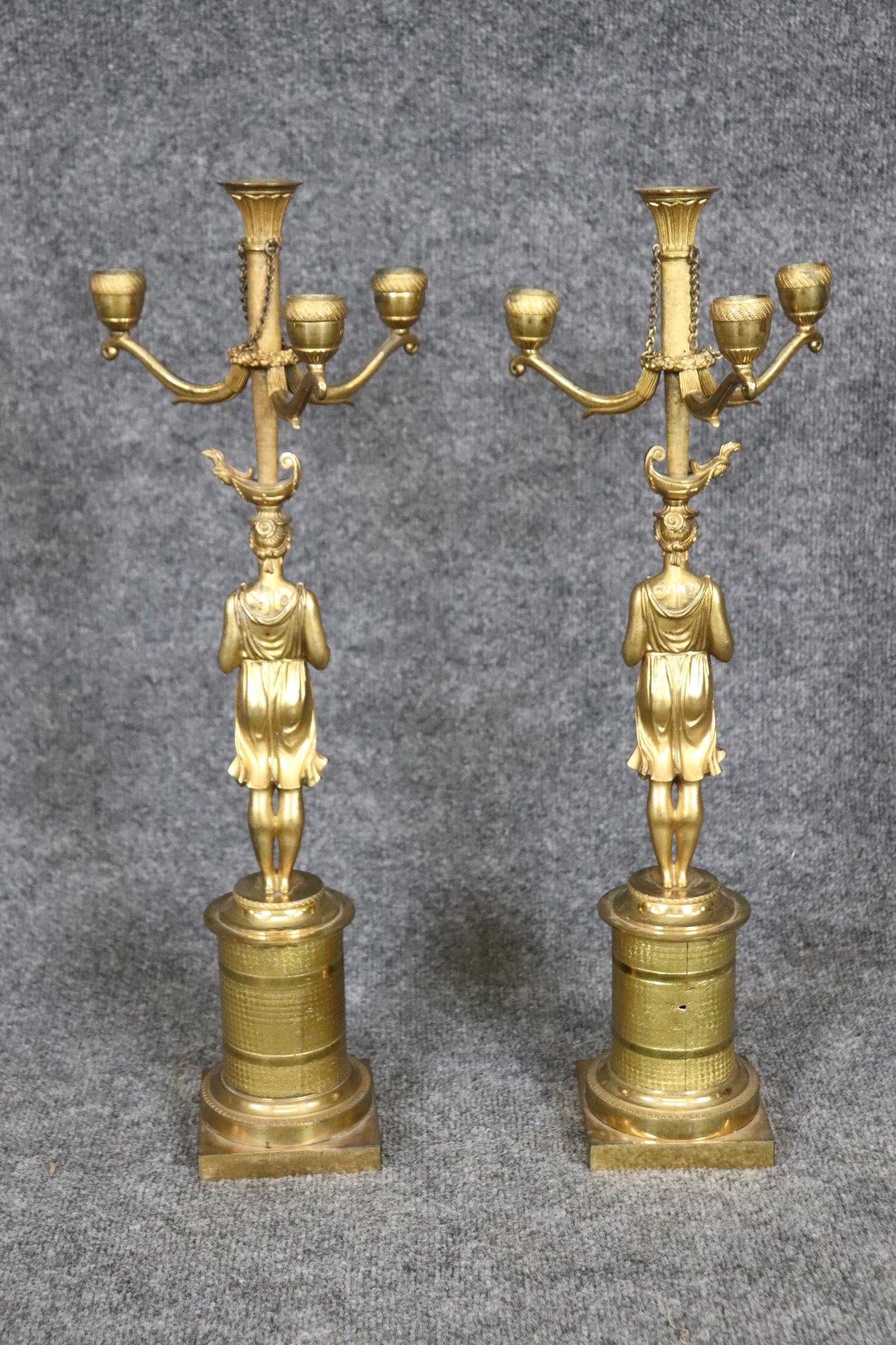 Pair Stunning Large Solid Bronze 19th Century Draped Figural Maidens Candleabra