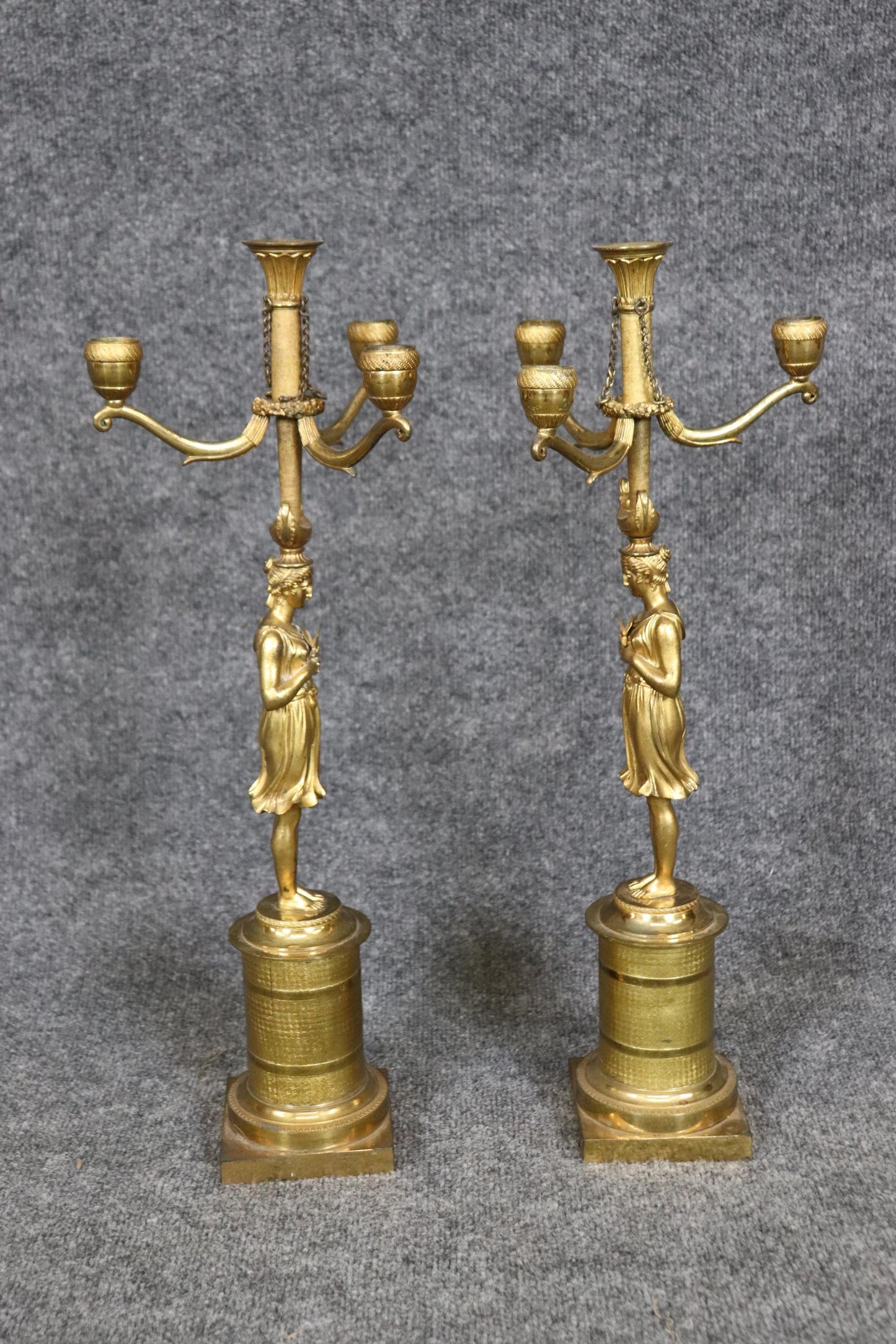 Pair Stunning Large Solid Bronze 19th Century Draped Figural Maidens Candleabra