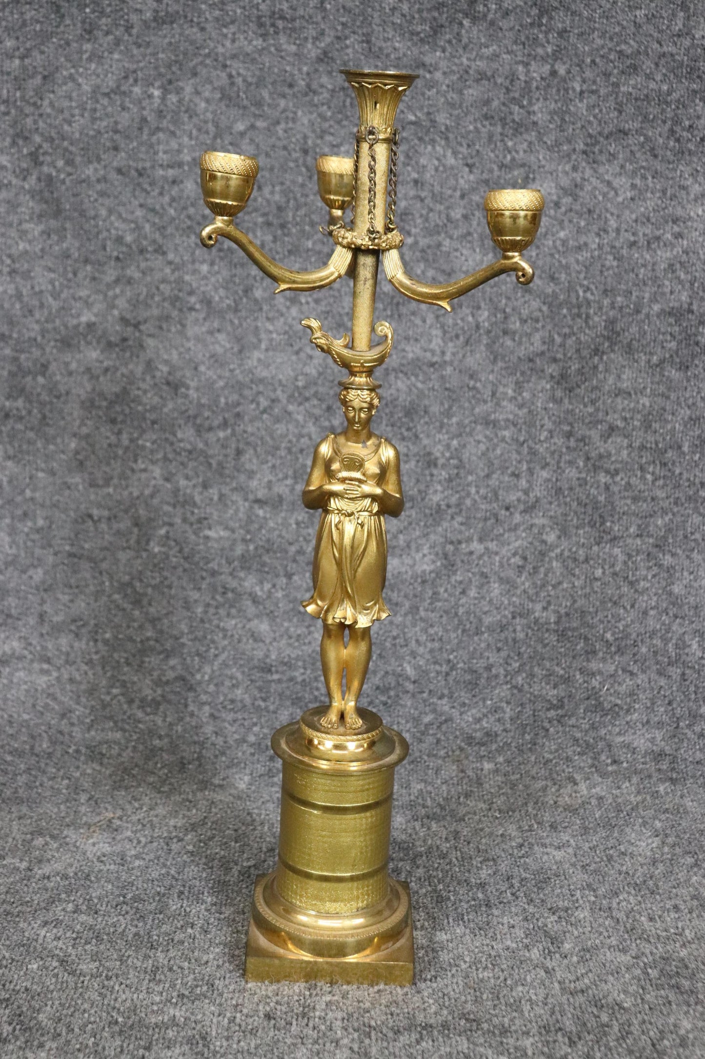 Pair Stunning Large Solid Bronze 19th Century Draped Figural Maidens Candleabra