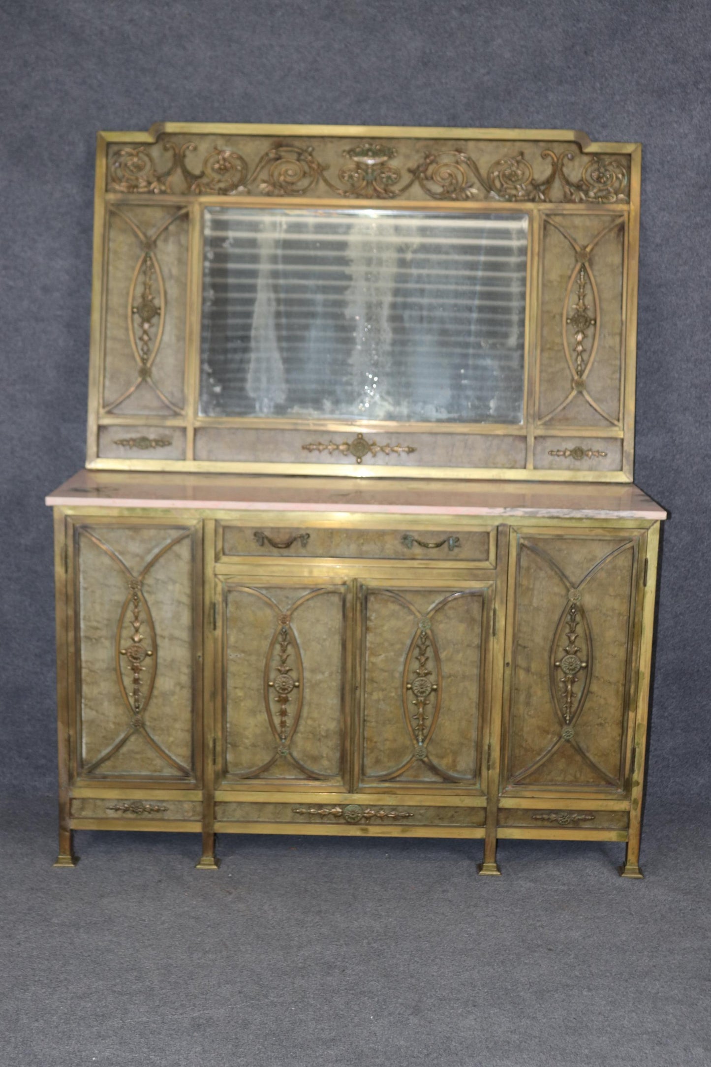 Extraordinary Solid Bronze French Marble Top Directoire Sideboard with Mirror