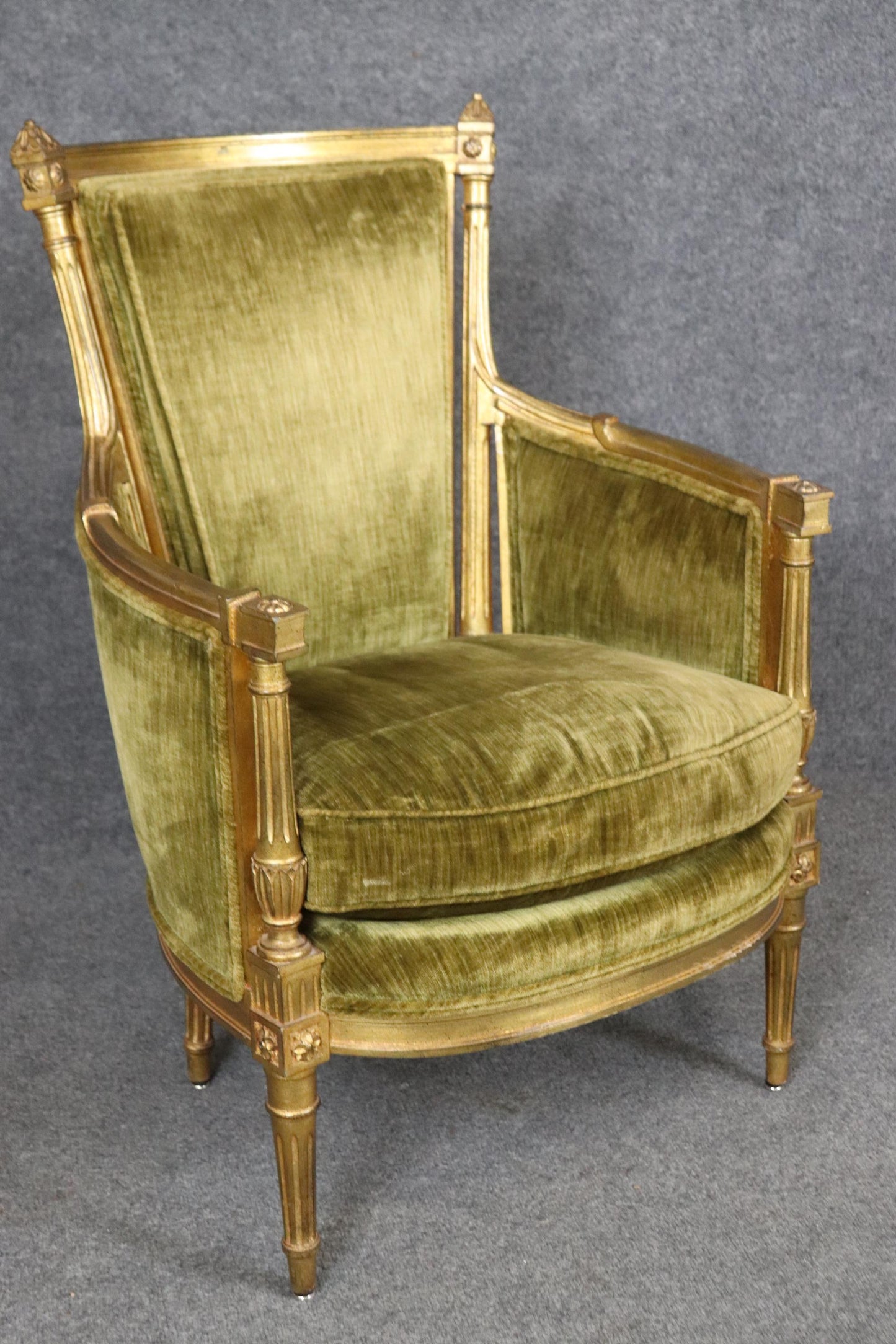 Pair of Smaller French Gilded Carved Directoire Bergere Chairs in Green Velvet