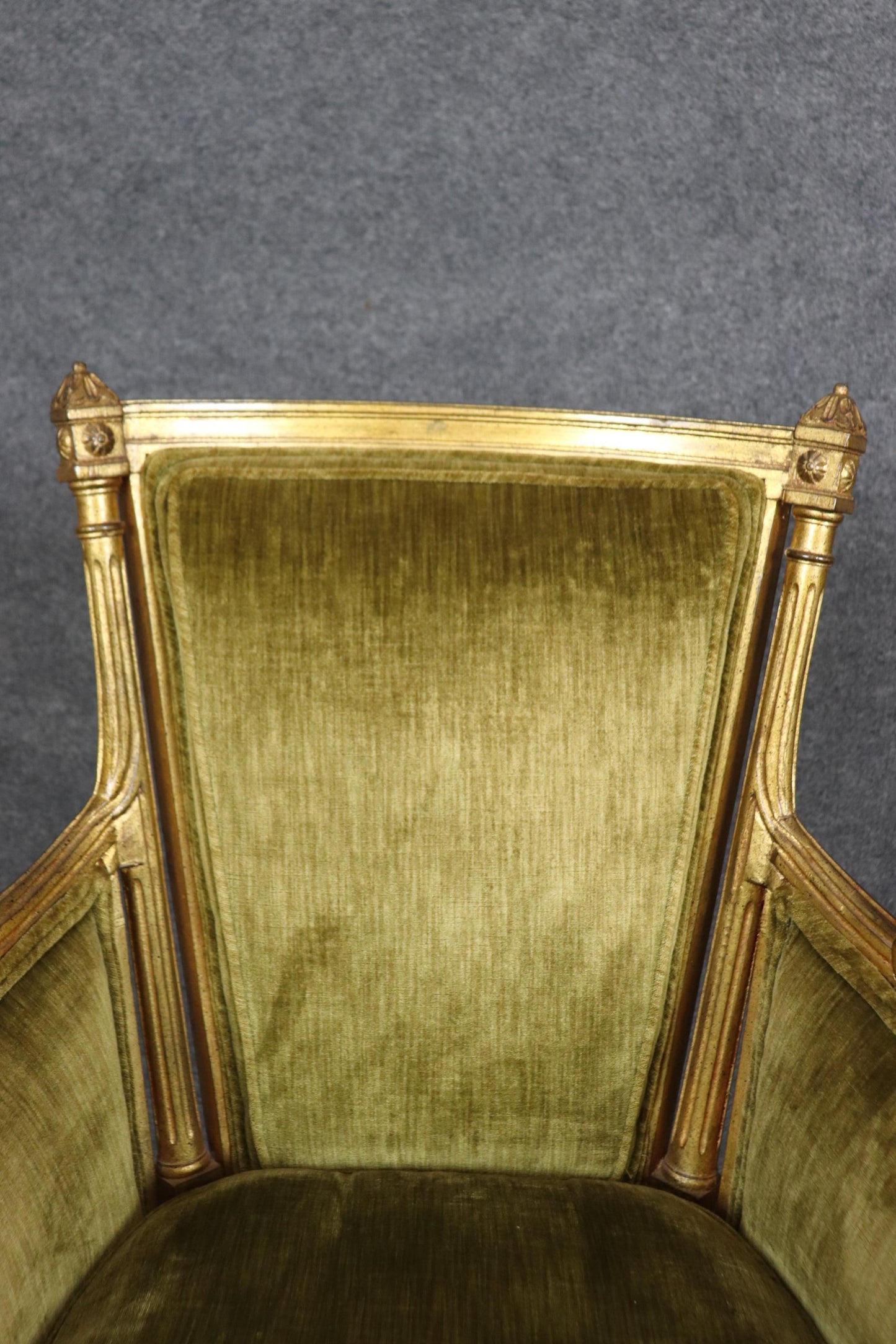 Pair of Smaller French Gilded Carved Directoire Bergere Chairs in Green Velvet